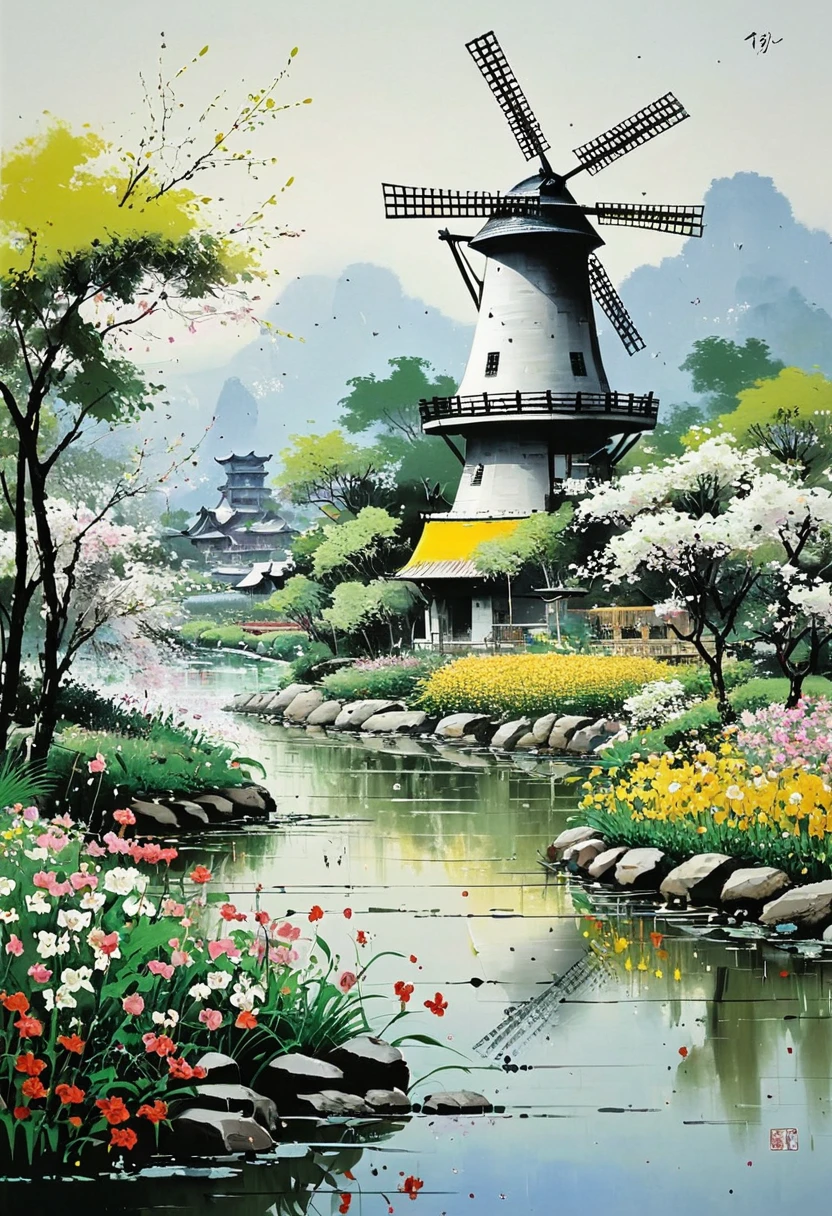by Wu Guanzhong, windmill, garden, (best quality, perfect masterpiece, Representative work, official art, Professional, high details, Ultra intricate detailed:1.3)