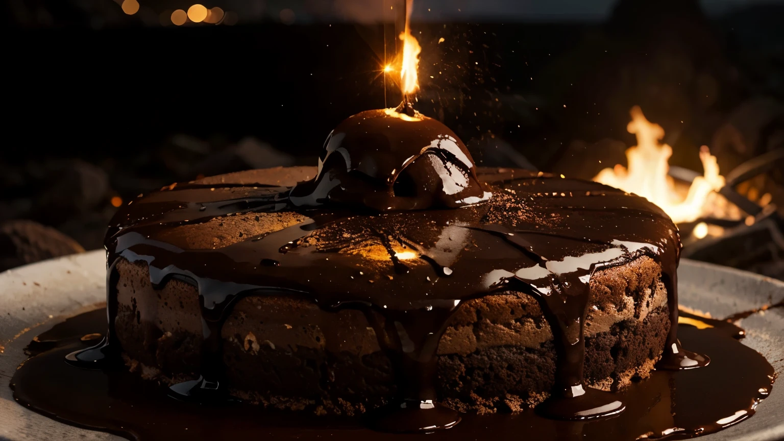 Imagine a cake that defies gravity, with one side melting and dripping with molten chocolate. The backdrop? A volcanic landscape, with plumes of smoke and lava adding drama to this sweet treat.