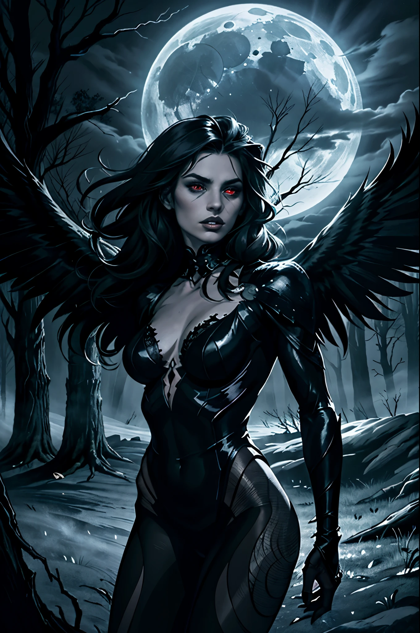 (best quality,4k,8k,highres,masterpiece:1.2),ultra-detailed,(realistic,photorealistic,photo-realistic:1.37),demon raven,gothic,dark,ominous presence,feathers flowing in the wind,blood-red eyes,sharp claws,glistening black feathers,ancient symbols,haunting atmosphere,misty moonlit night,ruined gothic architecture,mysterious shadows,tangled barren trees,ominous moon,menacing aura,whispering darkness,moonlight piercing through the clouds,cryptic symbols,subtle glow,ethereal beauty,the silence of the night,ominous moonlight,echoes of the past,hauntingly beautiful,forbidding secrets,menacing silhouette,sinister energy,ominous whispers,dark realm,void of light,majestic yet menacing presence,ominous presence,dark magic,hauntingly elegant,black feathers shimmering in the moonlight,ancient prophecy enfolding,ominous wings embracing the darkness,enchanted night.
