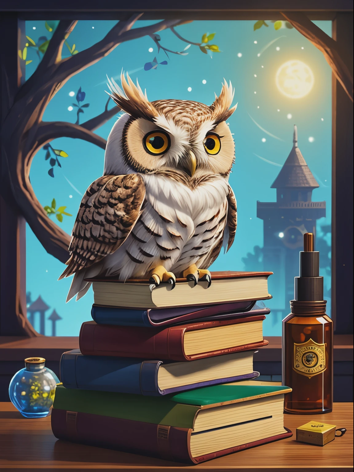 a cute owl sitting on top of spell books, surrounded by potion, anime pixel art --v 4