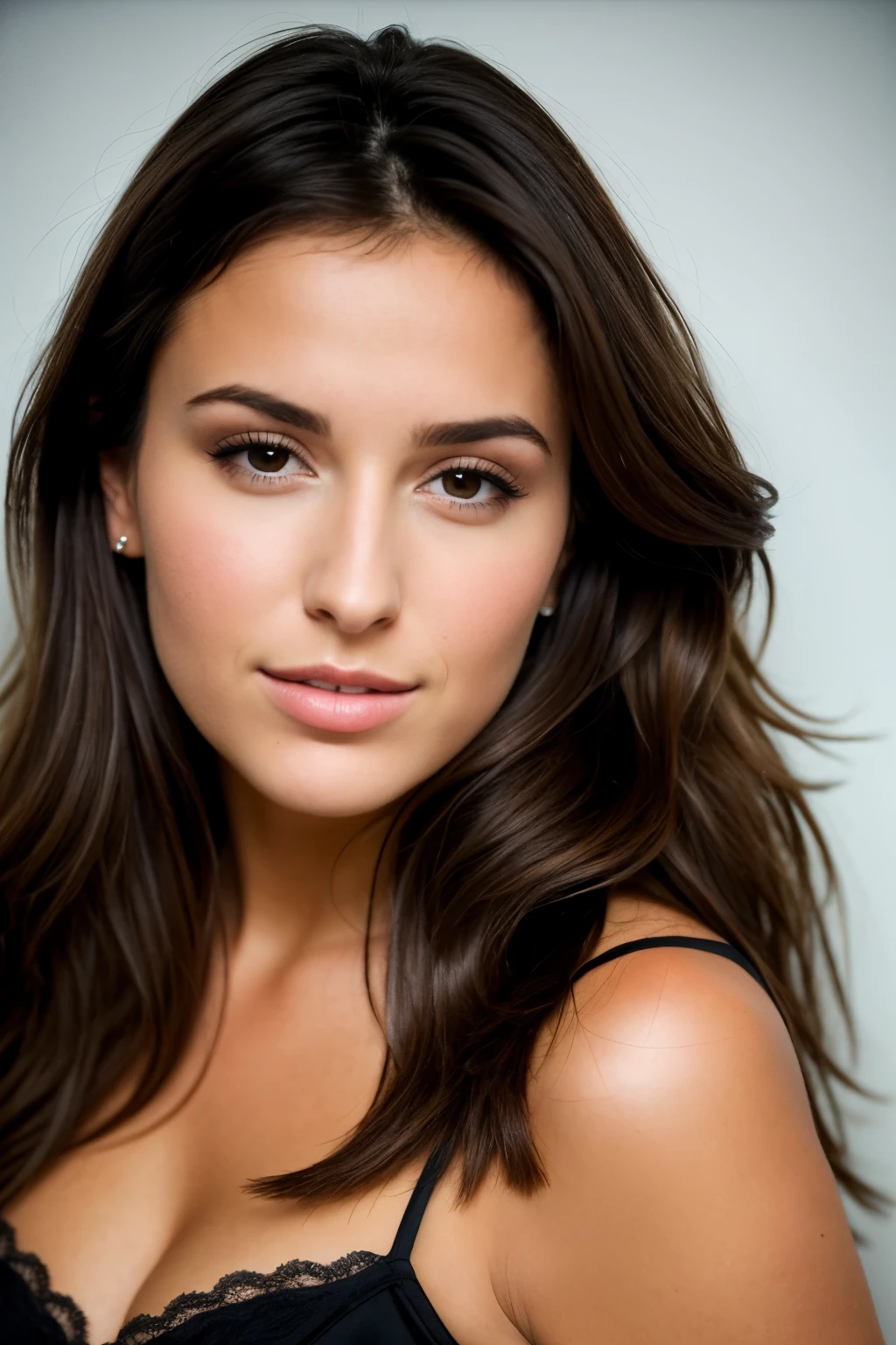 A photorealistic portrait of a 26 year old, she is brune and she look like lela star