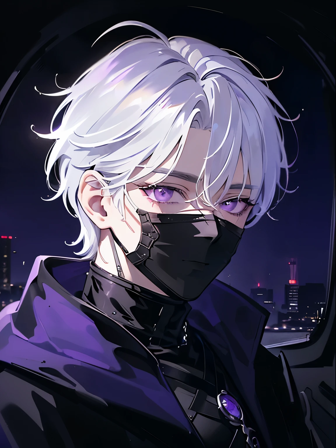 (Masterpiece, Best quality, ultra detailed),1 guy, White hair, short hair, dirty hair, ((dark theme)), (night), ((medium shot)), I&#39;m looking at the viewer, ((purple eyes, Яркие purple eyes)), closed mouth, (a stern look), relaxed face, black mechanical face mask, wild hair