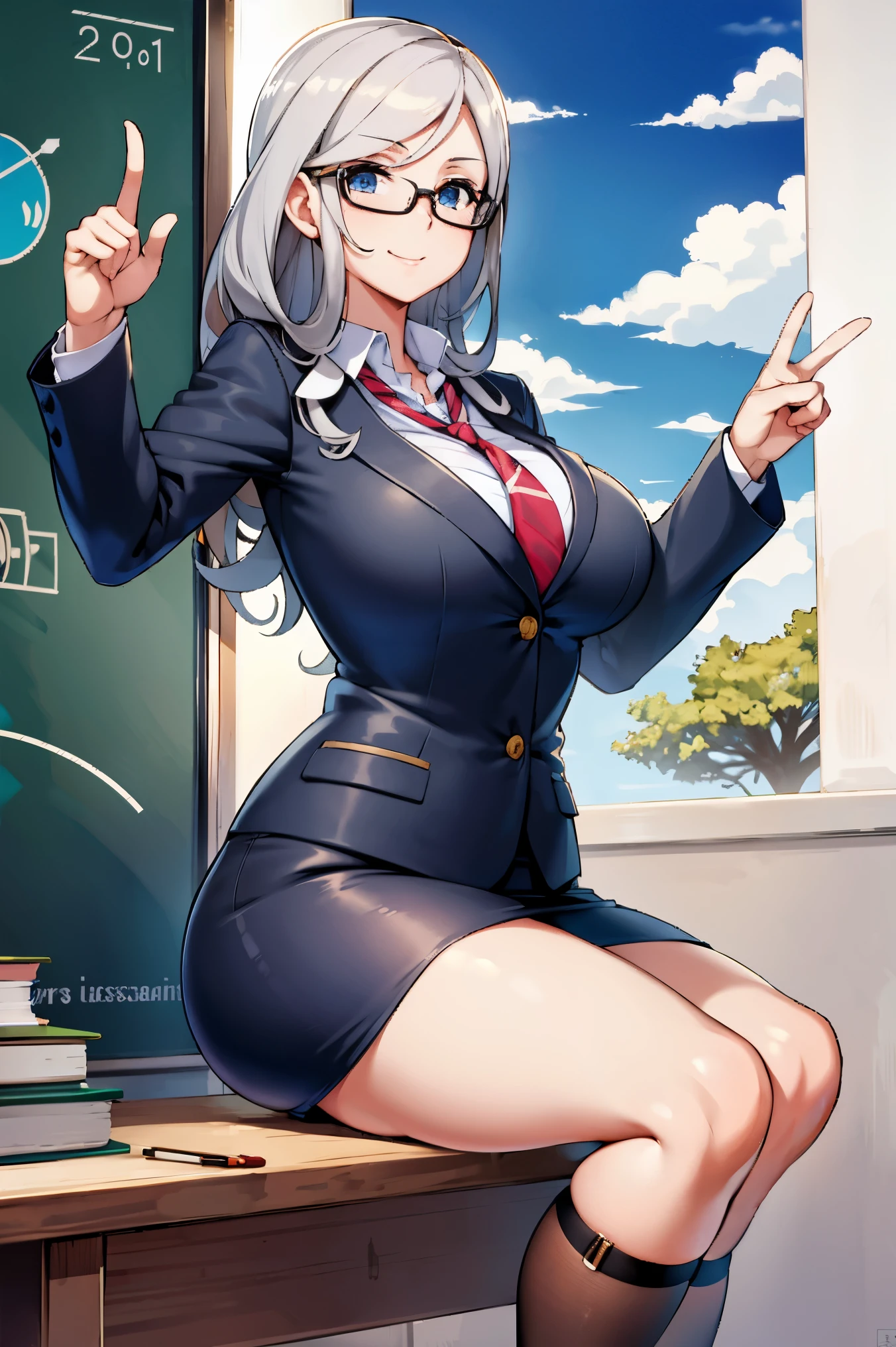 Profesora sexy en un aula dando clases,con gafas y rl pelo recojido,muy guapa,pointing at the stone and teaching mathematics,uniforme escolar apretado y ajustado a su cuerpo voluptuoso,falda corta y escote a la vista,alumnos sentados en sus asientos,profesora simpatica,estudiantes estudiando con un libro,