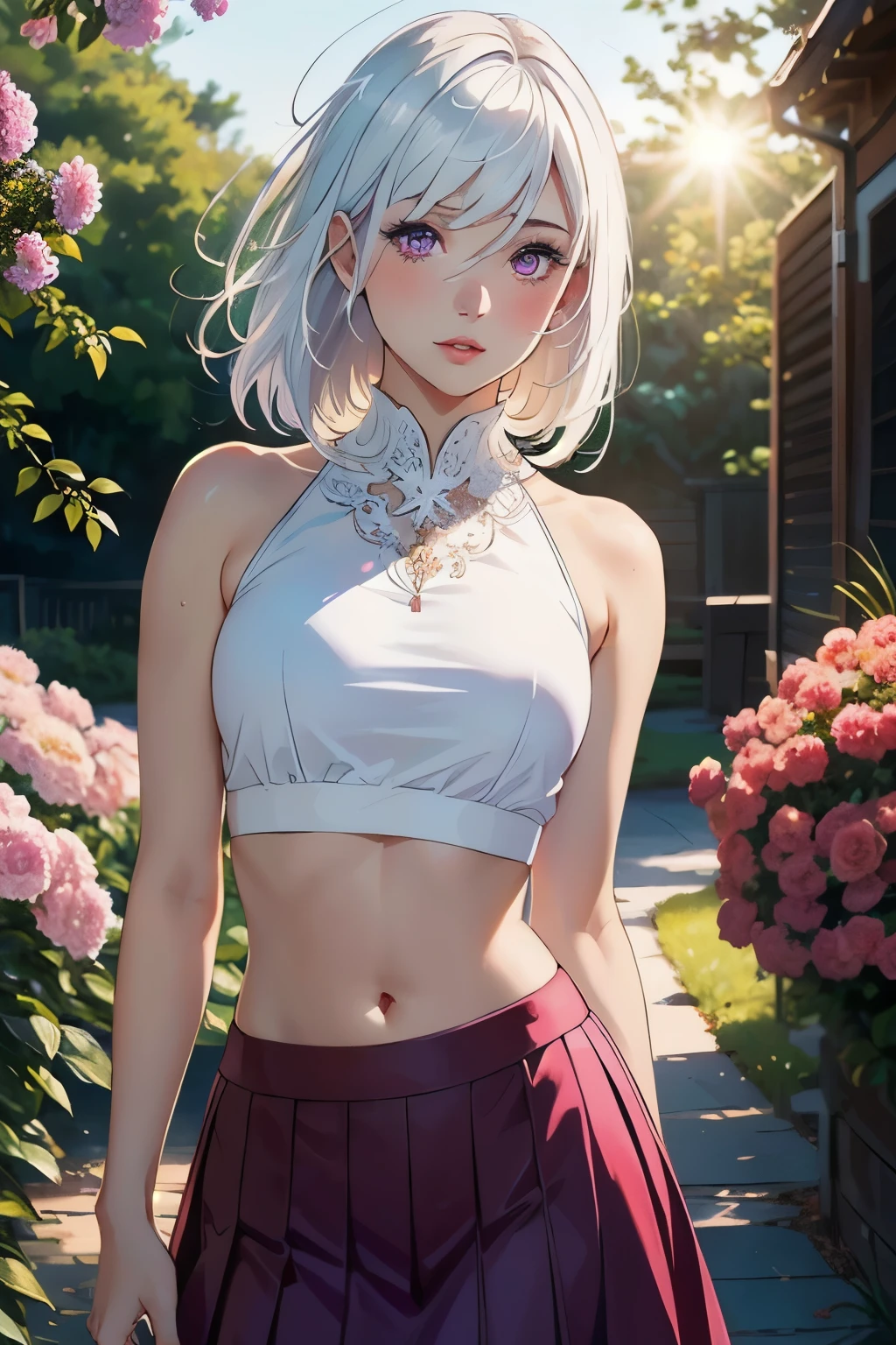 realistic, 1girl, white hair, purple eyes, glowing eyes, crop top, skirt, parted lips, blush, night, flowers, sun, sunlight,