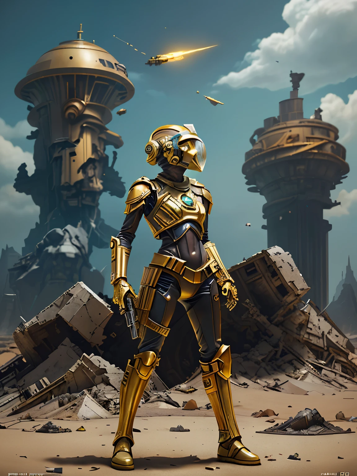 There's a woman standing in front of a spaceship with a gun, The ruined empire is in the background., official character art, Orianna, c - 3 p 0, Inspired by Sargent Johnson, Paradise planet in the background, Juno promotional images, full face helmet