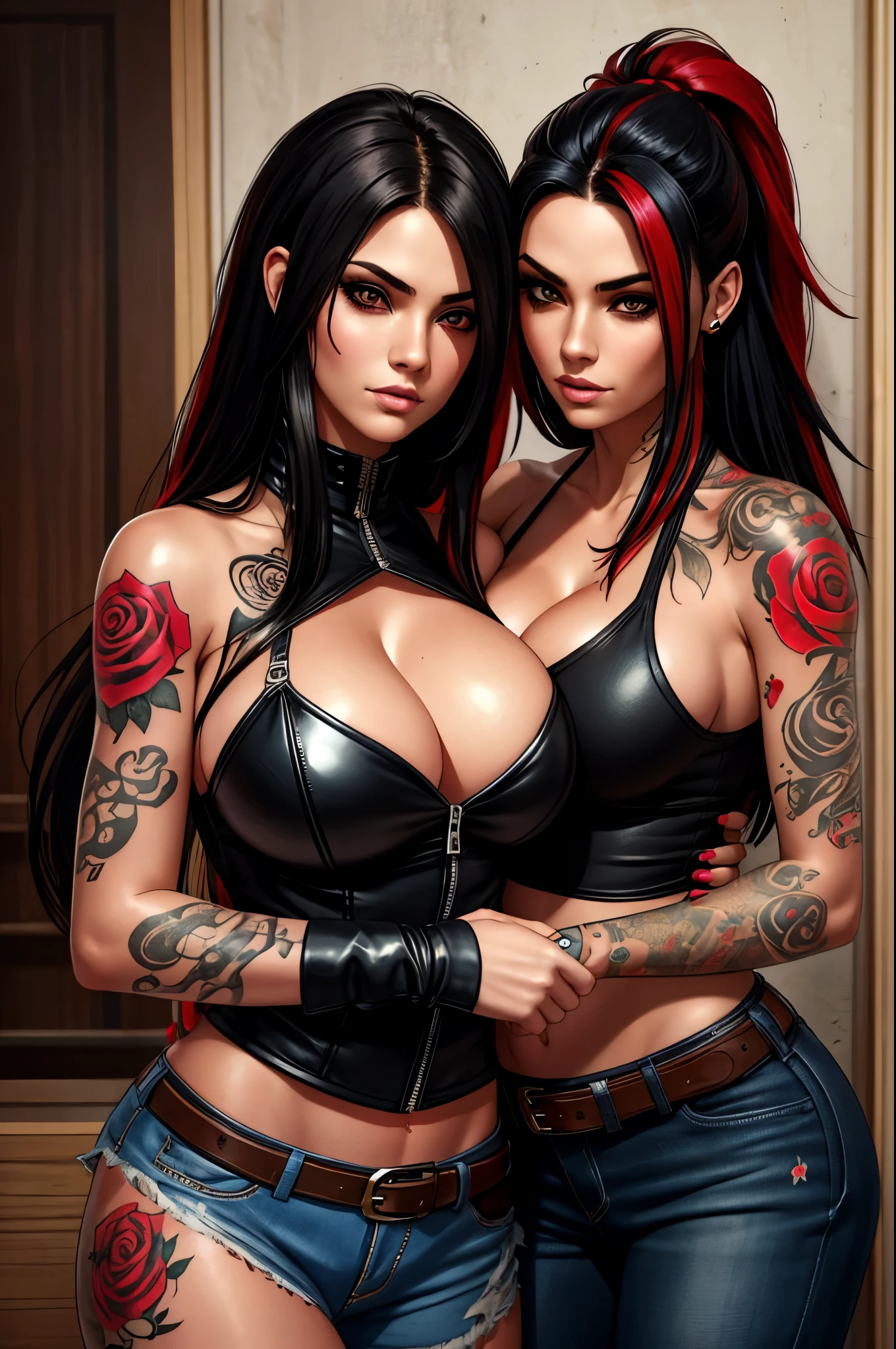2girls, Young adult women 22 years realistic, y modern punk style, with long hair, heavily tattooed on her cleowboy shot, many colours, black hair with red streaks, cowboy shot, biker girl, rose tattoos, touching, hugging, lesbian, lot camera