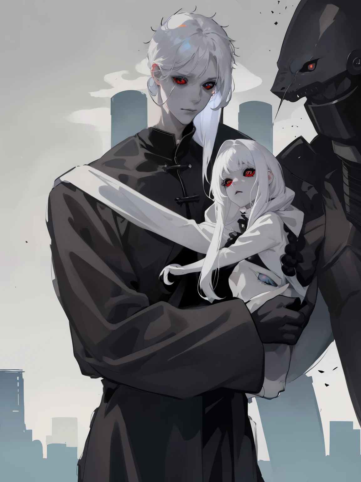 (Best quality:0.8) 1 man, snow-white hair, snow-white eyes, Slim, insane, snow-white simple robe, insane взгляд, Black sclera of the eyes