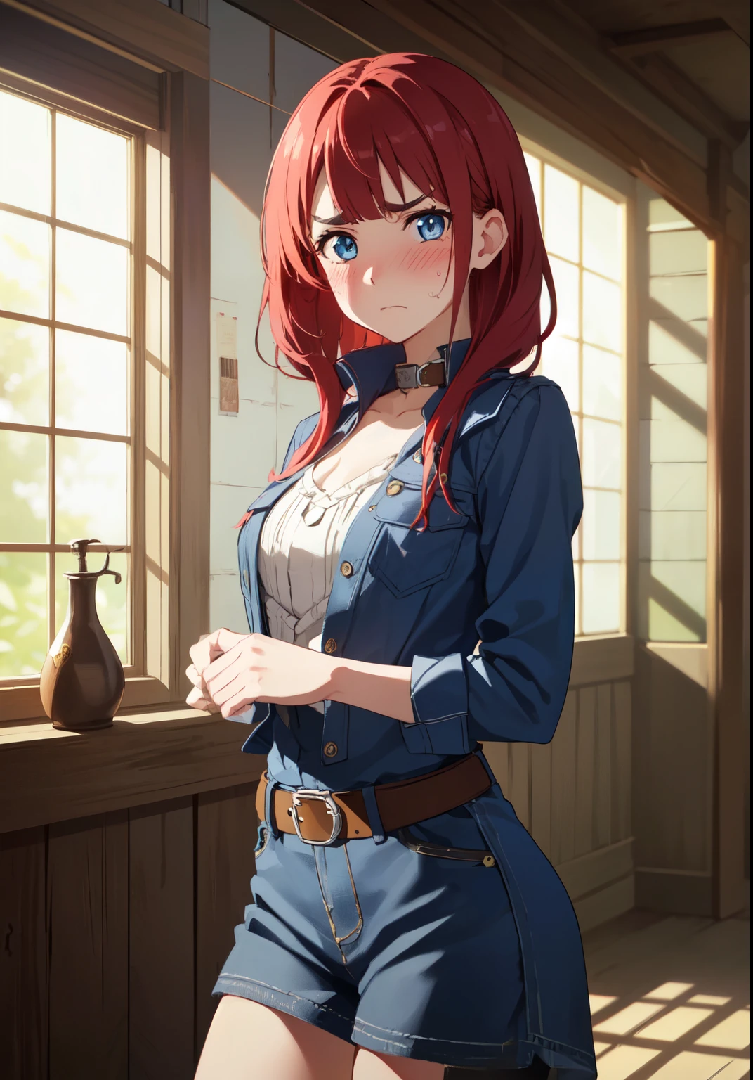  ((Blue eyes)),((completely dressed )), Red hair, High collar, split,
break indoors,((blush:1.2)),((sad eyebrows)),break looking at viewer, (cowboy shot:1.5),break (Masterpiece:1.2), Best quality, A high resolution, unity 8k wallpaper, (Illustration:0.8),very detailed face , (perfect hands, Ideal Anatomy)