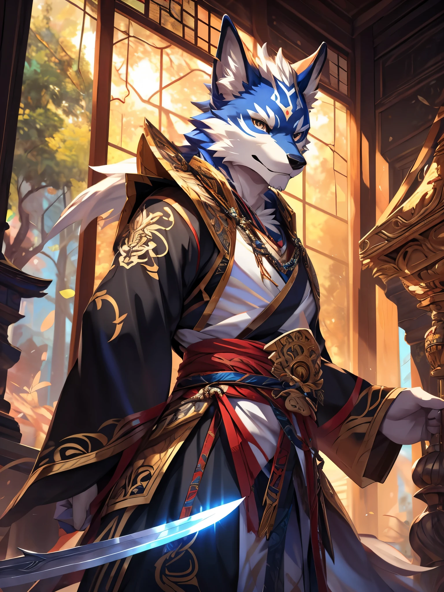 posted on e621, (by Chunie), male, Wolf anthro, solo, (Realistic eye details 1.2), , anime character with a sword and a dragon in front of a painting, onmyoji detailed art, 2. 5 d cgi anime fantasy artwork, anime fantasy illustration, anime fantasy artwork, onmyoji portrait, high detailed official artwork, keqing from genshin impact, 8k high quality detailed art, onmyoji, a beautiful artwork illustration, slim body, full body like, in a panoramic view, masterpiece, Abstract beauty, ultra detailed face, depth of field, motion blur, high details, high quality, award winning, HD, 16k, (best quality,4k,8k,highres,masterpiece:1.2),ultra-detailed,realistic:1.37,HDR,UHD,studio lighting,extreme detail description,professional,vivid colors,bokeh,lively atmosphere, natural lighting