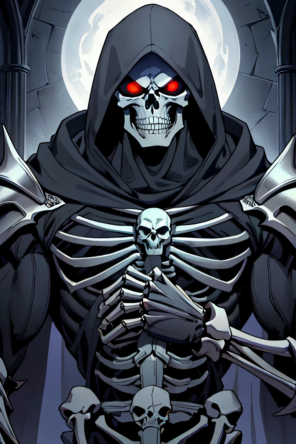 skullish, horn curved towards the back of the head, No eyes, black cloack, skeletor, apavorante, The background is a cemetery, com corpo inteiro de skeletor, serious face with a bone cane