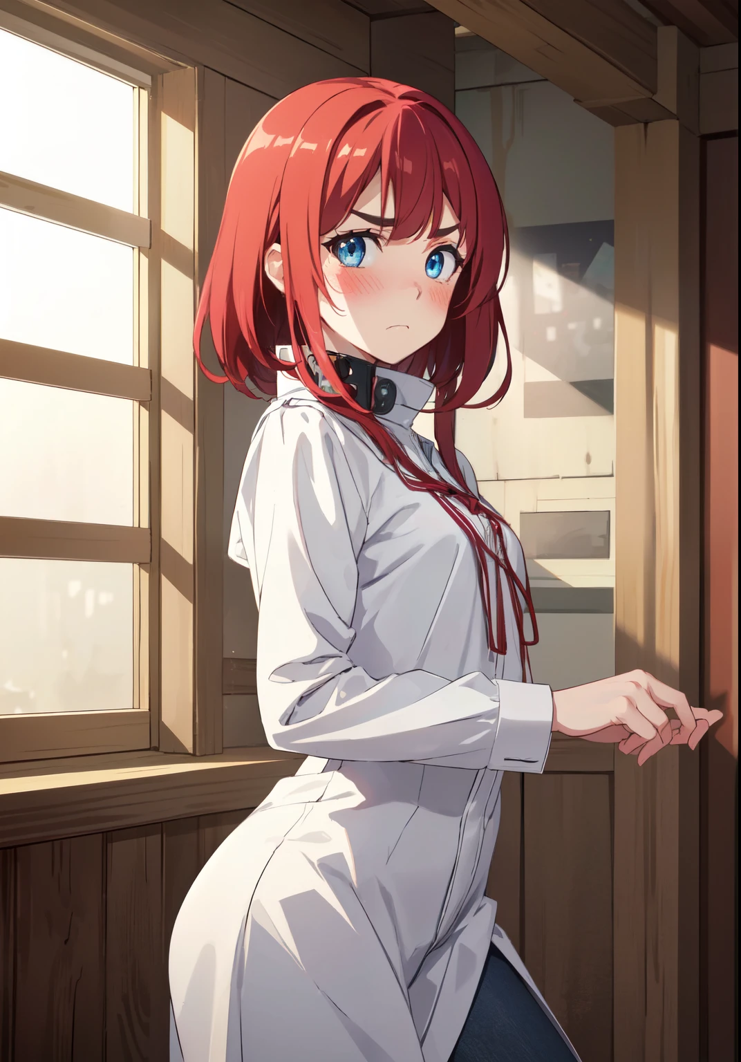 ((Blue eyes)),((completely dressed )), Red hair, High collar, split,
break indoors,((blush:1.2)),((sad eyebrows)),break looking at viewer, (cowboy shot:1.5),break (Masterpiece:1.2), Best quality, A high resolution, unity 8k wallpaper, (Illustration:0.8),very detailed face , (perfect hands, Ideal Anatomy)
