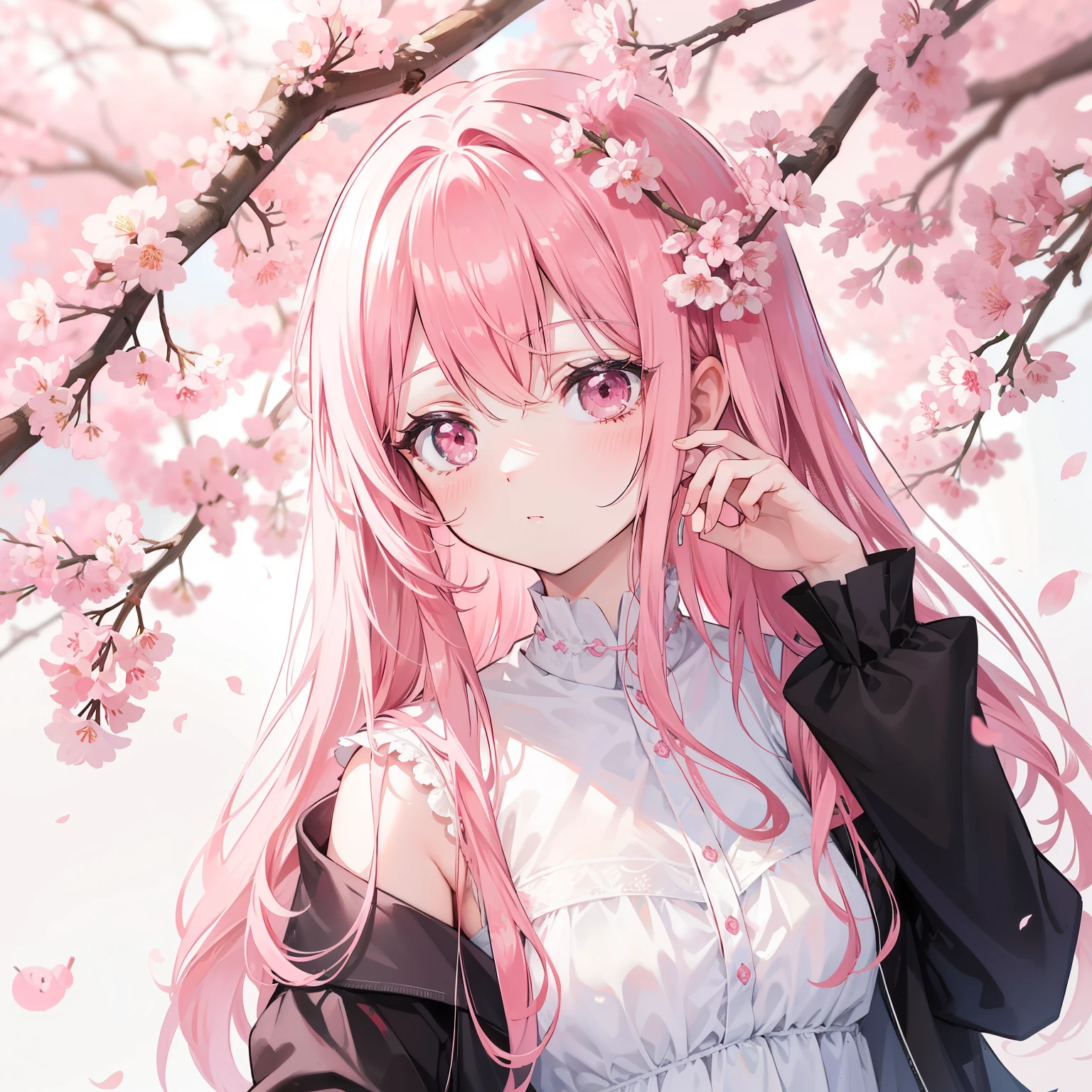 Pelo liso rosa flor de durazno，Wearing pale pink Han suits，Sosteniendo un gato negro，en el fondo, Beautiful cherry blossoms are dotted with cherry blossoms，ella es una persona gentil, lindo, Chica delgada y dulce