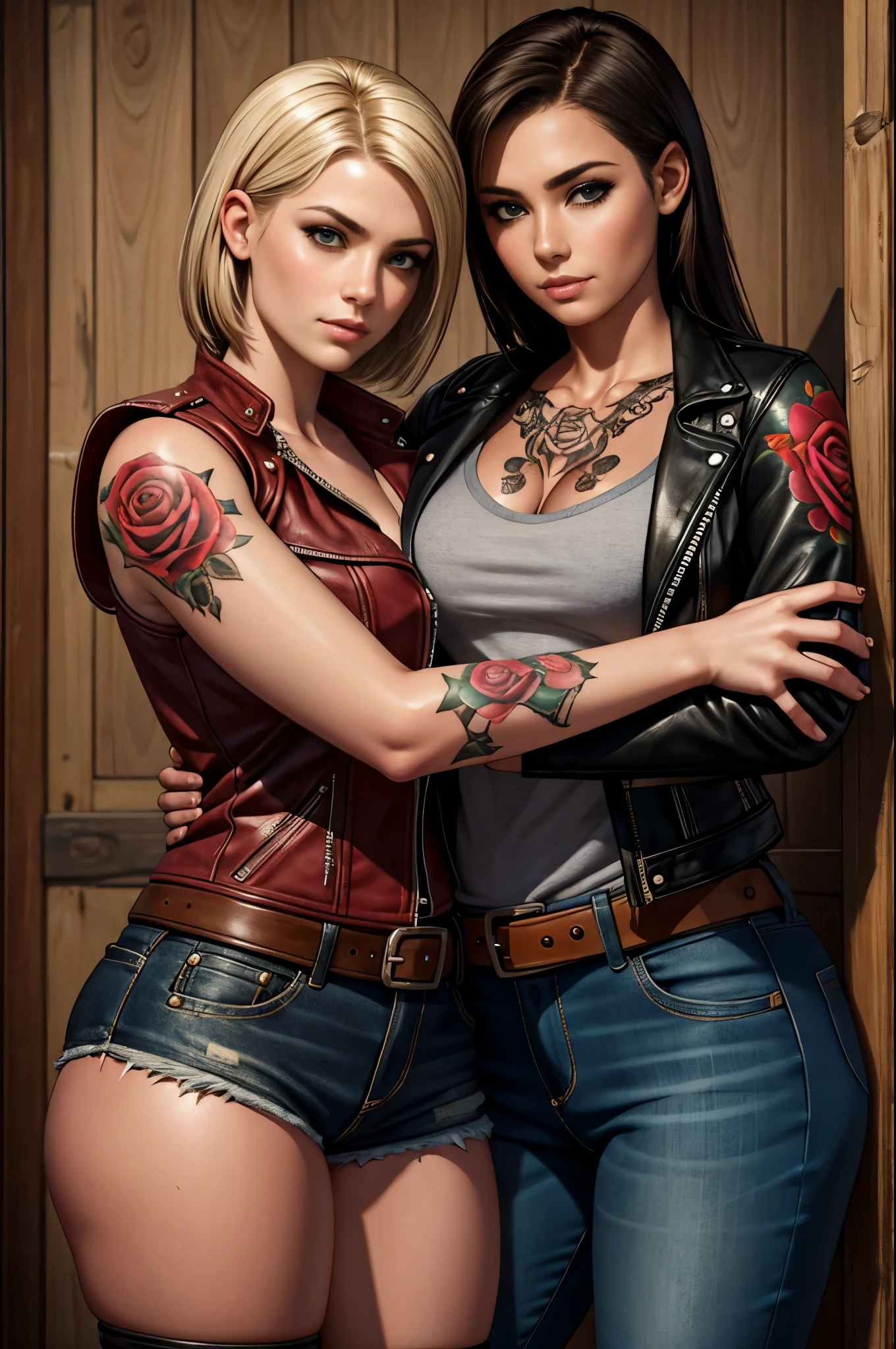 2girls, Young adult women 22 years realistic, cowboy shot, biker girl, rose tattoos, touching, hugging, lesbian, looking at camera