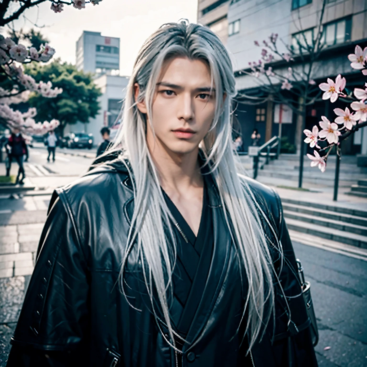 eine Nahaufnahme einem Mann mit langen Haaren und einer schwarzen Jacke, Sephiroth, mit seinen langen schwarzen Haaren, aus Final Fantasy VII,  a photo of Sephiroth,  Sephiroth from final fantasy, sebastian michaelis,  Hyperrealistisch  Ultra detailliertes Gesicht, masculine, Asiatisches Gesicht, japanese Face, cherry blossoms in the background, japanese Face, masculine 