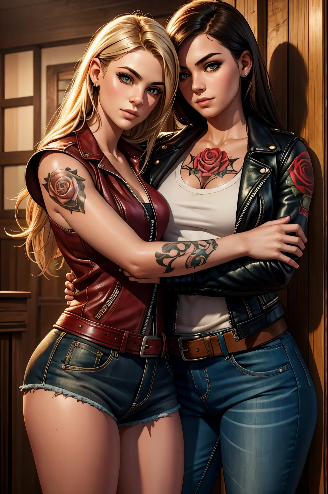 2girls, Young adult women 22 years realistic, cowboy shot, biker girl, rose tattoos, touching, hugging, lesbian, looking at camera