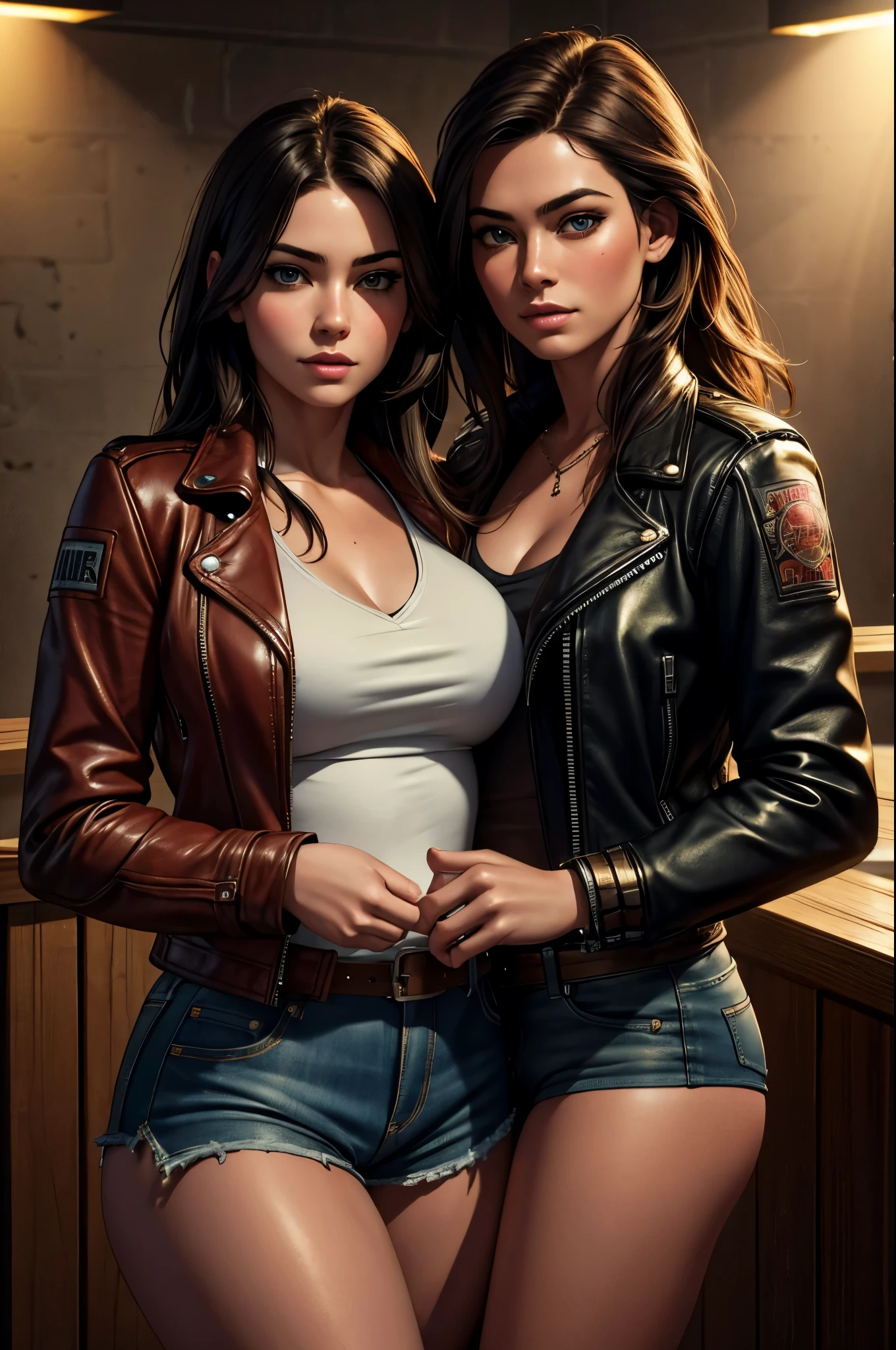(best quality,4k,8k,highres,masterpiece:1.2),ultra-detailed,(realistic,photorealistic,photo-realistic:1.37),2girls,Young adult women 22 years realistic,cowboy shot,biker girl,rose tattoos,touching,hugging,lesbian,looking at camera,medium:illustrations,gritty texture,motorcycle jackets,detailed clothing,dreamy atmosphere,vivid colors,dramatic lighting
