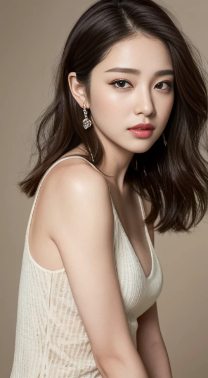 ((highest quality, 8k, masterpiece:1.3)), concentrate: 1.2, perfect body beauty: 1.4, buttocks: 1.2, layered haircut, Highly detailed face and skin texture, delicate eyes, double eyelid, whitened skin, long brown hair、slim、thin、model body shape、beautiful small face, realistic face, Beautiful actress's natural makeup, Slit eyes that suck you in, Plumpy glossy red lips, flushed cheeks, earrings, 美しいthin眉毛
