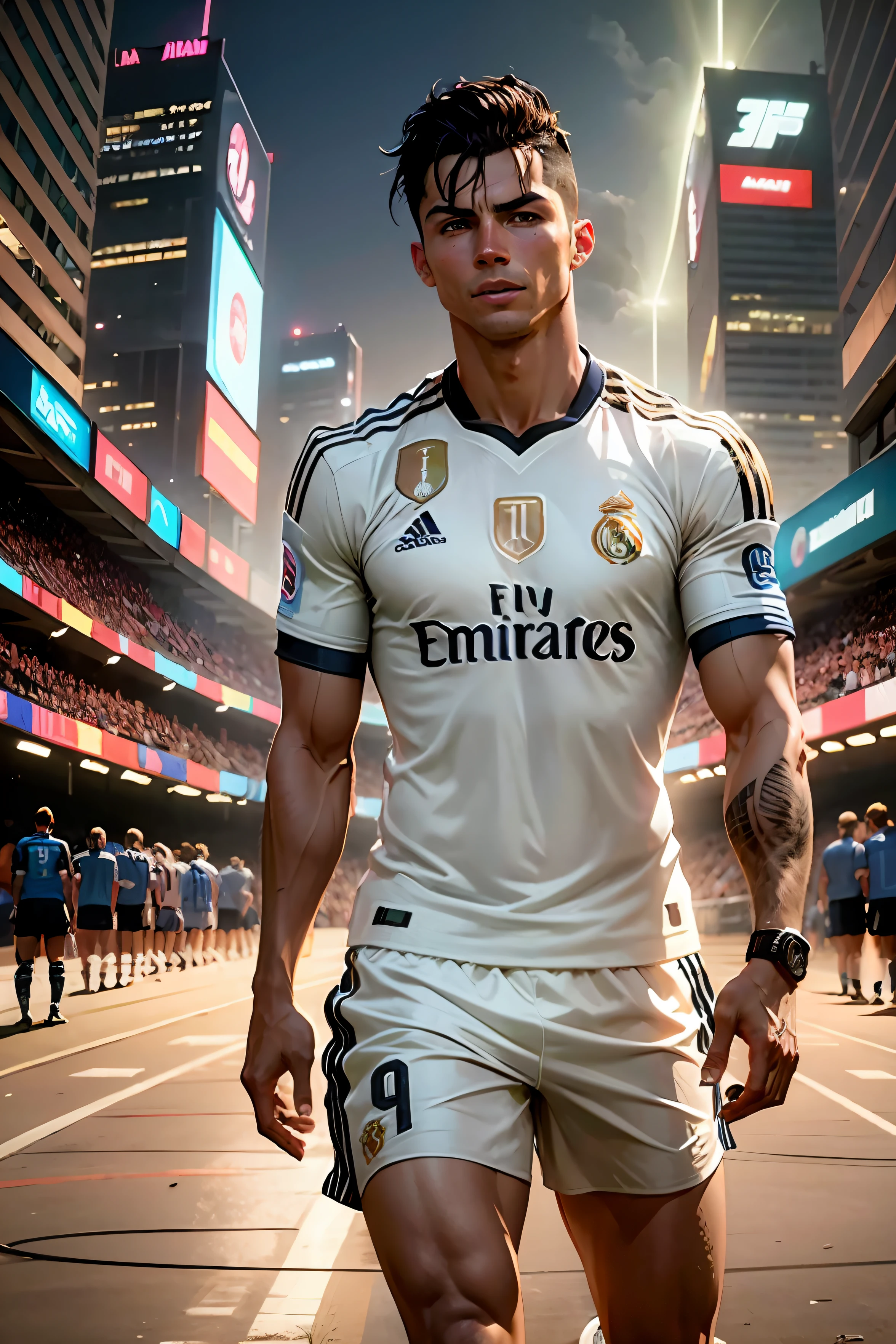 Cristiano Ronaldo with Real Madrid shirt, Enfrentando a Messi con la camiseta del Barcelona, on a soccer field, anime de los 90, luces, cinematographic,ciberpunk --auto --s2