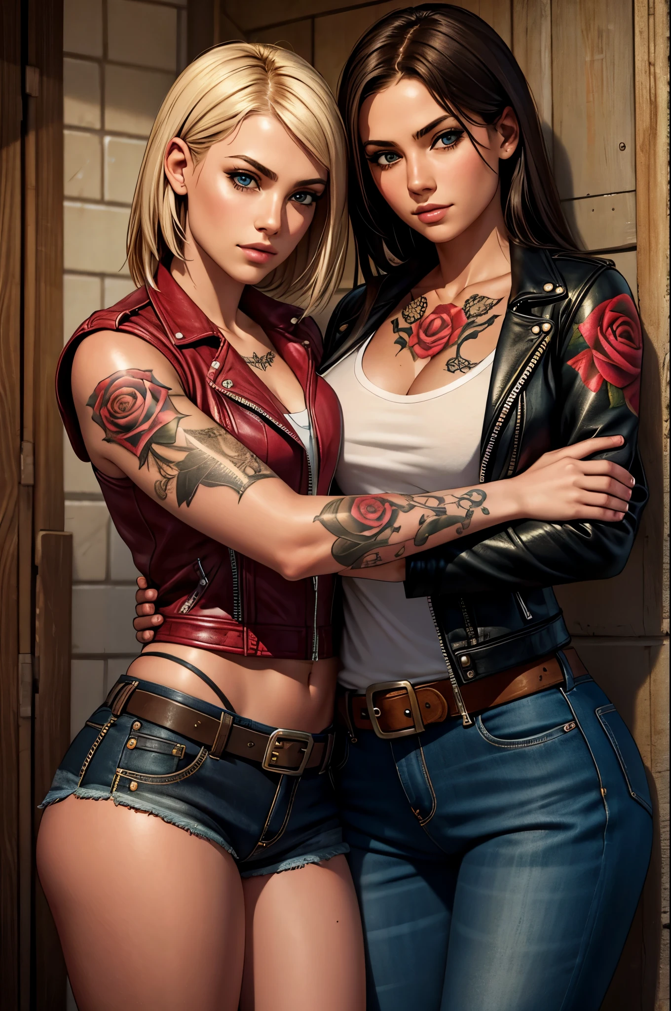 2girls, Young adult women 22 years realistic, cowboy shot, biker girl, rose tattoos, touching, hugging, lesbian, looking at camera
