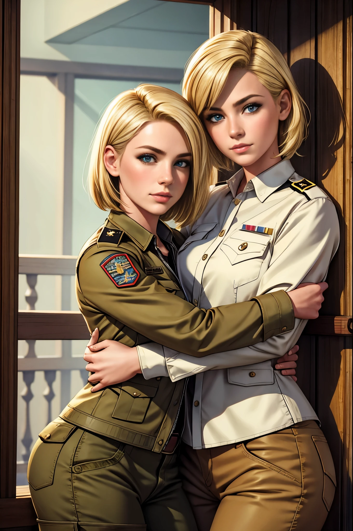 2girls, Young adult women 22 years realistic, cowboy shot, short blonde hair, military, touching, hugging, lesbian, looking at camera,