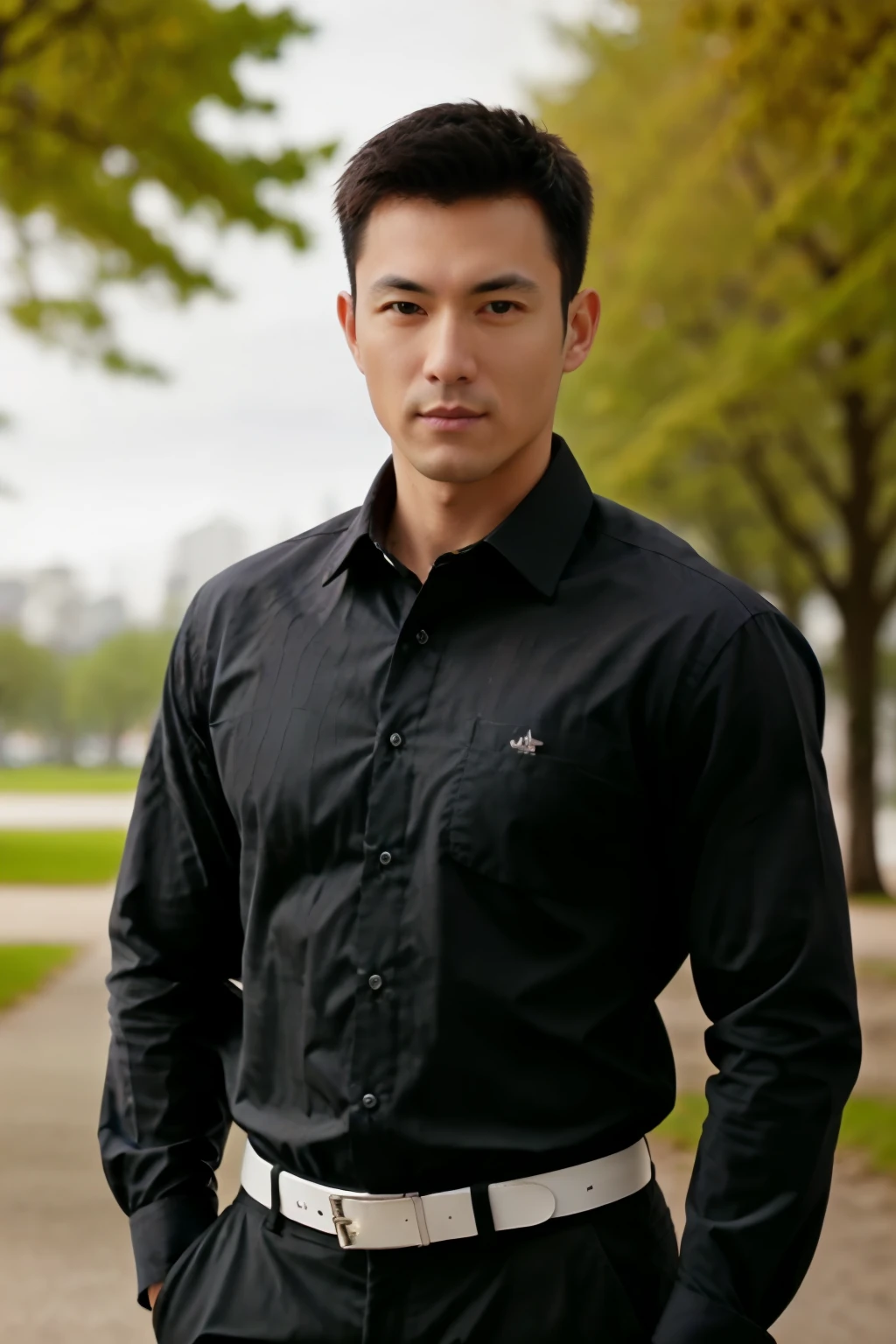 1man,
 a 30 y.o muscular male wearing long-sleeve black shirt and tie, with a watch, upper body, 
in camera studio with 3 flash, soft lighting, 
masterpiece, best quality, 8k uhd, dslr, film grain, Fujifilm XT3 photorealistic painting art by midjourney and greg rutkowski background in a park