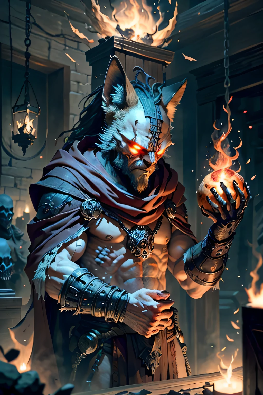 Large muscular humanoid fox ,Fuchskopf, rot leuchtende Augen, auf einem Thron sitzend ,Feuer,Skull of another fox in his hands ,zerfetzter Umhang,sharp teeth,pile of skulls