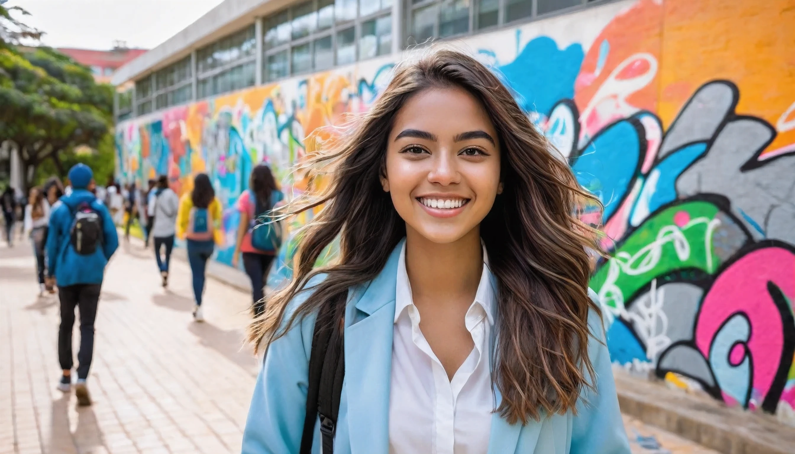 Describe a vibrant and dynamic scene of a 26-year-old Brazilian student walking through a university campus. She is wearing a light blue coat, representando seu curso de enfermagem, and your face is lit by a contagious smile. Your hair has colorful highlights that add a touch of youthfulness and creativity to your look... Enquanto ela anda, a trail of modern paintings and graffiti unfolds behind her, portraying the diversity and energy of the academic environment. Essas obras de arte expressam a multiplicidade de culturas, ideas and perspectives that flourish in the university community, criando um ambiente inspirador e animado.