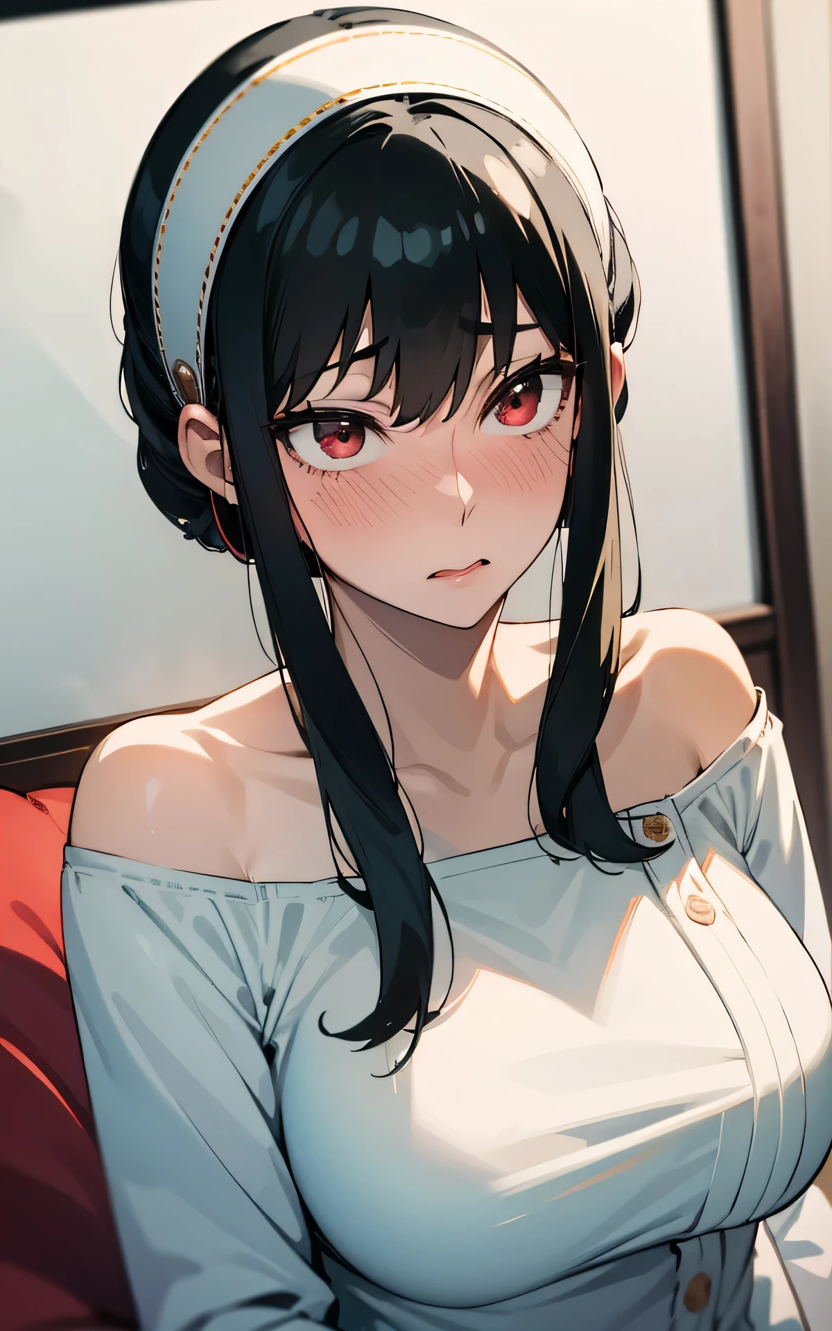 absurderes:1.8, realistic, Unity 8K Wallpaper, Masterpiece, detailed hair, highly detailed, realistic glistening skin、(dark-haired、short hair with long locks、white hairband、Red Eyes、off shoulders、Red Sweater:1.5、long-sleeve)、(embarrassed、blush:1.3)、lie down:1.7,