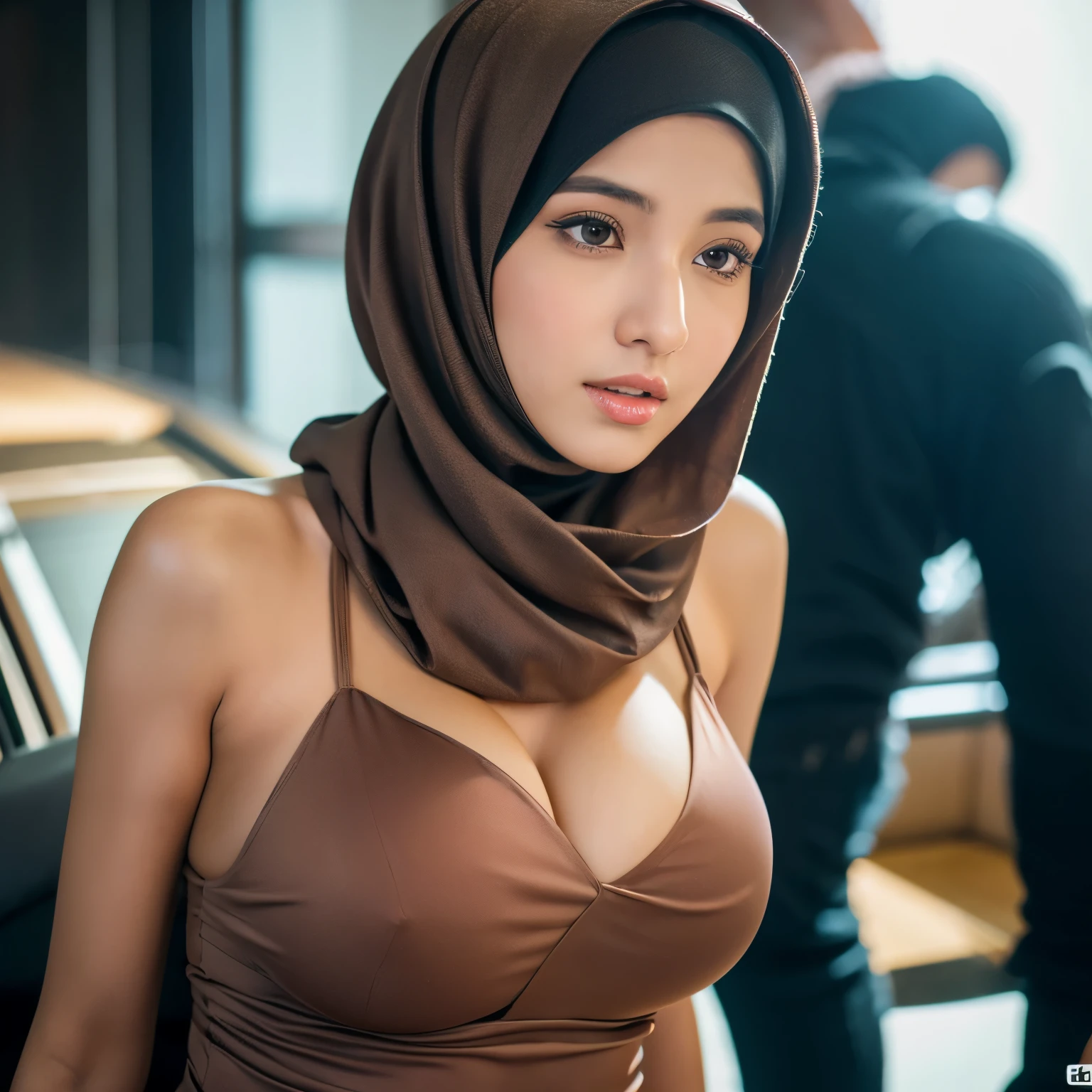 Hijab girl with tight dress and big breast, big ass, ultra realsitic 8K, detail photo, beautiful