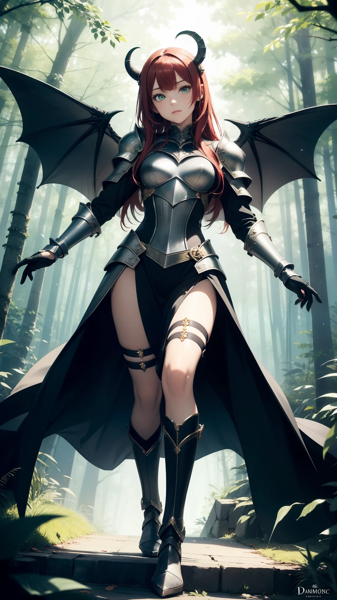 Masterpiece, 1girl, (daemon-like girl), girl with dark skin tone, red hair and Green eyes and 2 small horns, detailed face, detailed hair, detailed eyes, detailed costume, full body, Lady knight and princes, light armor, fantasy, closed mouth, action pose, detailed, enchanted dark forest, (dark fairytale), unconditional love, emotional