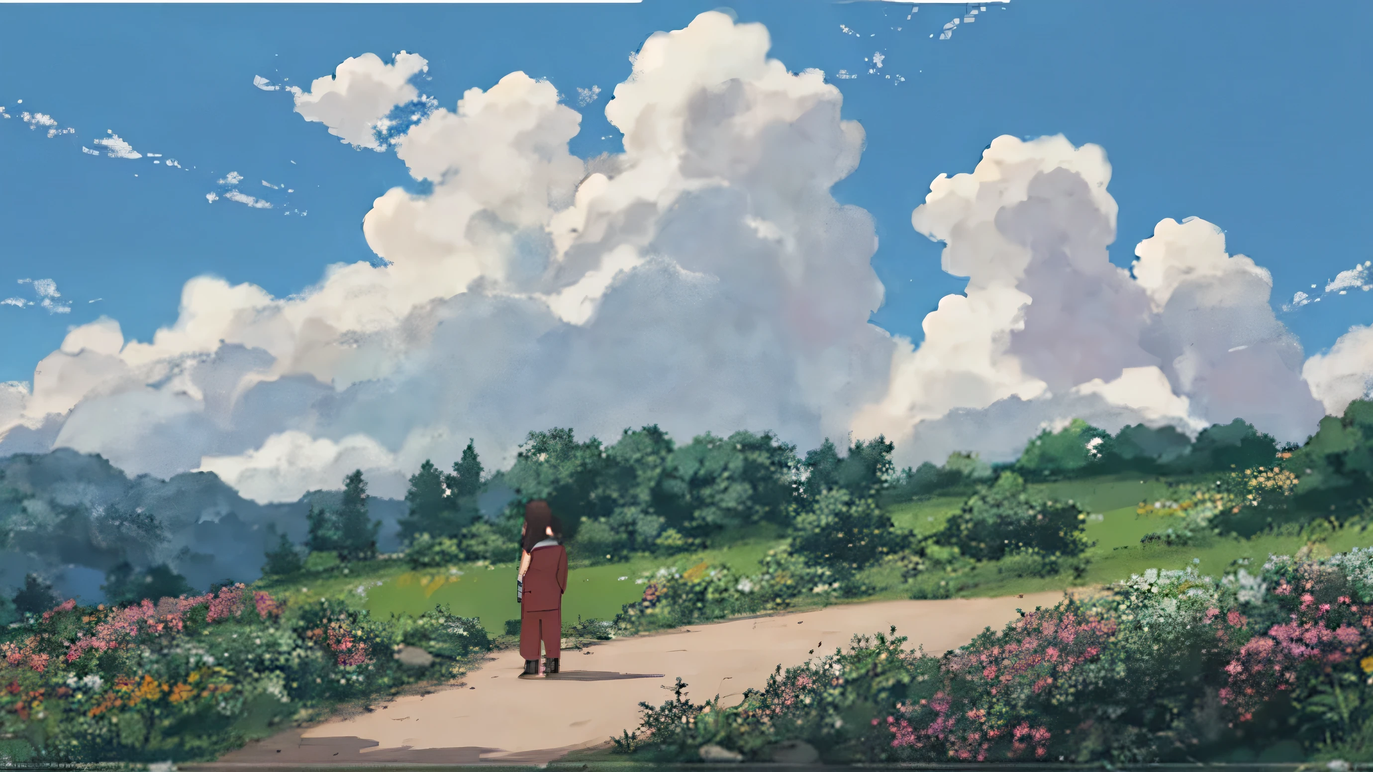 anime scene of a woman laying on a hill with a dog, anime countryside landscape, ghibli art style, Studio Ghibli Sky, relaxing concept art, ghibli studio anime style, Studio Ghibli's smooth concept art, anime映画の静止画, anime landscape, style in ghibli anime, ghibli art style, style in ghibli anime style, Beautiful fluffy clouds. anime, today's featured anime still
