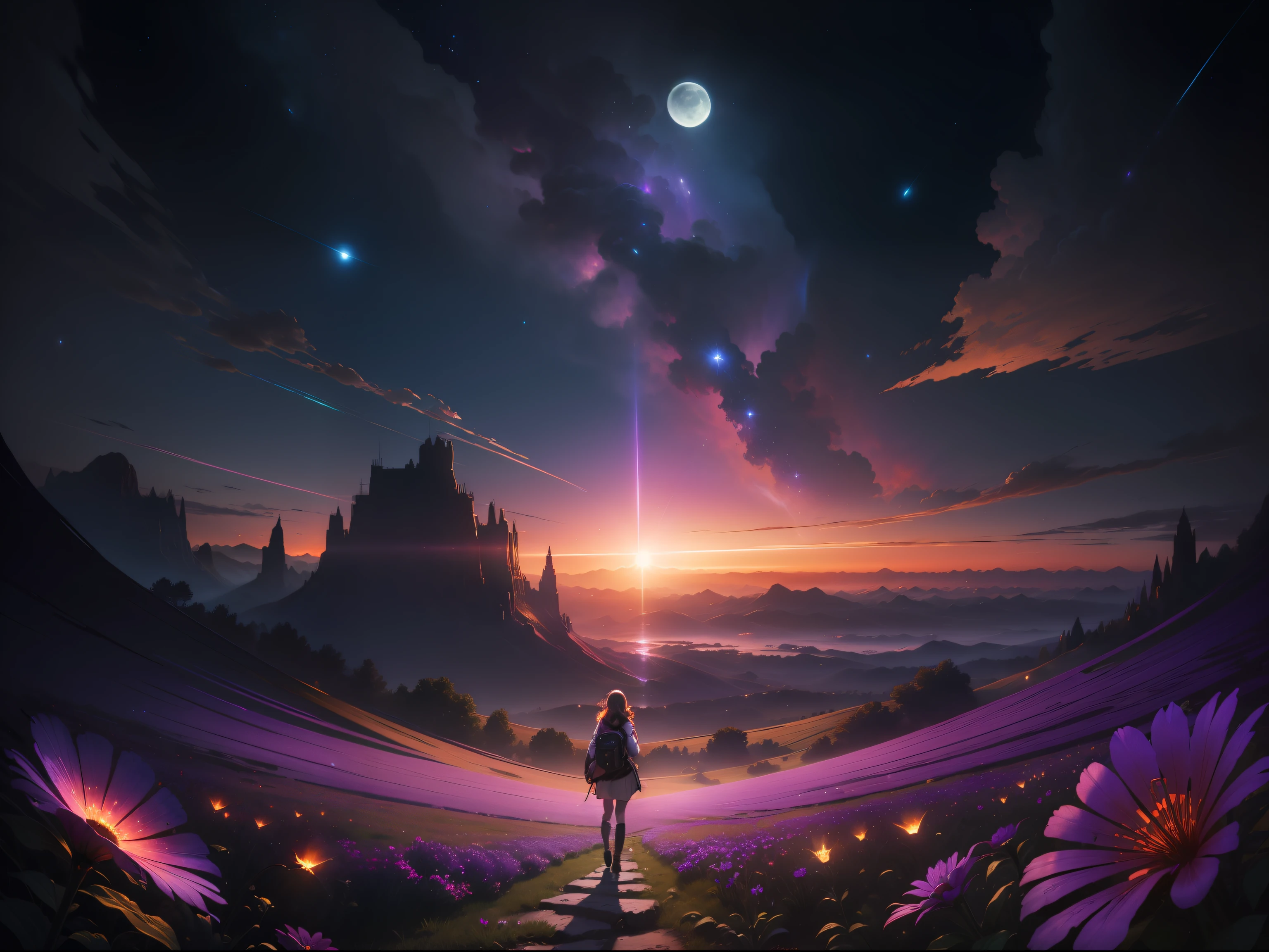 expansive landscape photograph , (a view from below that shows sky above and open field below), a girl standing on flower field looking up, (full moon:1.2), ( shooting stars:0.9), (nebula:1.3), distant mountain, tree BREAK
production art, (warm light source:1.2), (Firefly:1.2), lamp, lot of purple and orange, intricate details, volumetric lighting BREAK
(masterpiece:1.2), (best quality), 4k, ultra-detailed, (dynamic composition:1.4), highly detailed, colorful details,( iridescent colors:1.2), (glowing lighting, atmospheric lighting), dreamy, magical, (solo:1.2)