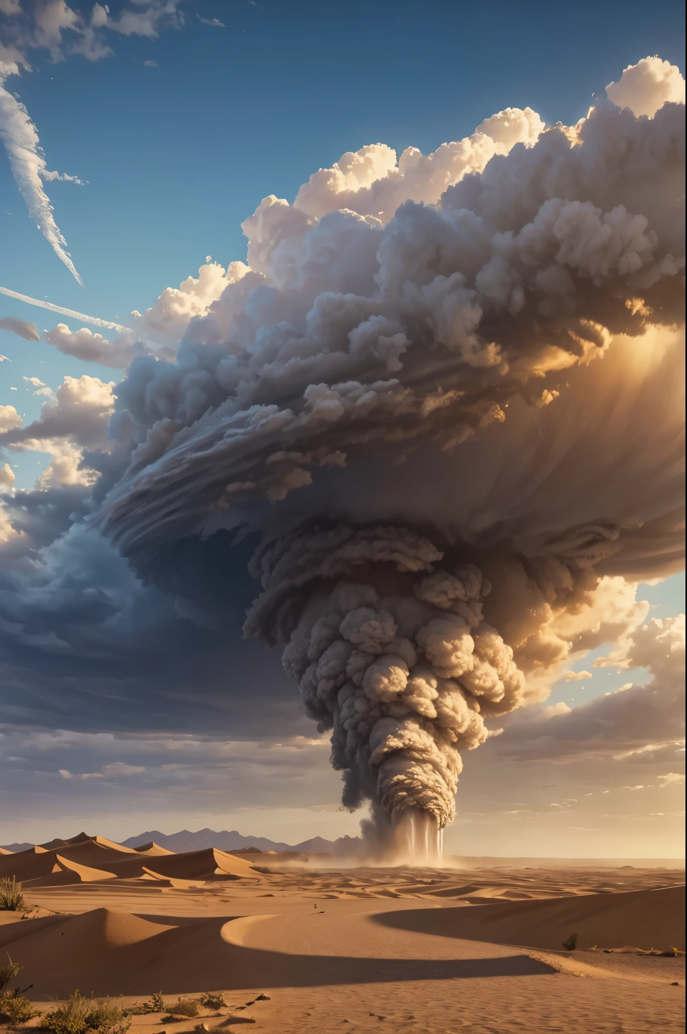 Pillars of lightning falling to the ground, many mountains, peaks