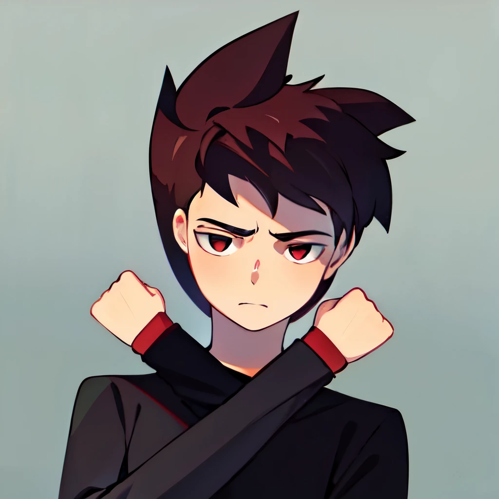 asian boy, black sweatshirt, high resolution, high definition, 4k, masterpiece. reddish brown hair, red eyes, X-shaped arms, 