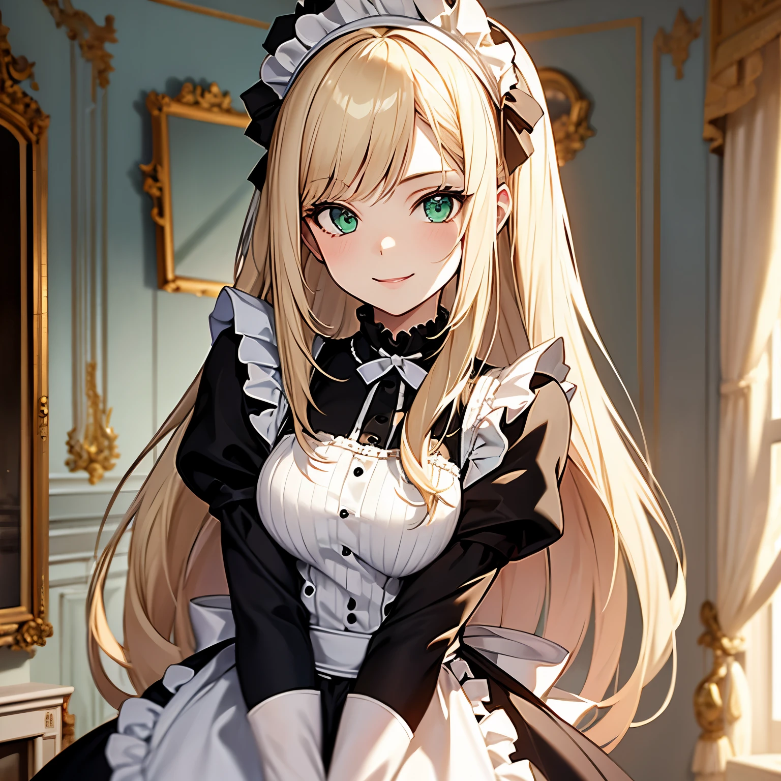 (masterpiece, best quality), (1girl:1.3), pale white skin, caucasian, female, skinny, long straight blonde hair, smiling, green eyes, french maid outfit, maid, bedroom background, portrait