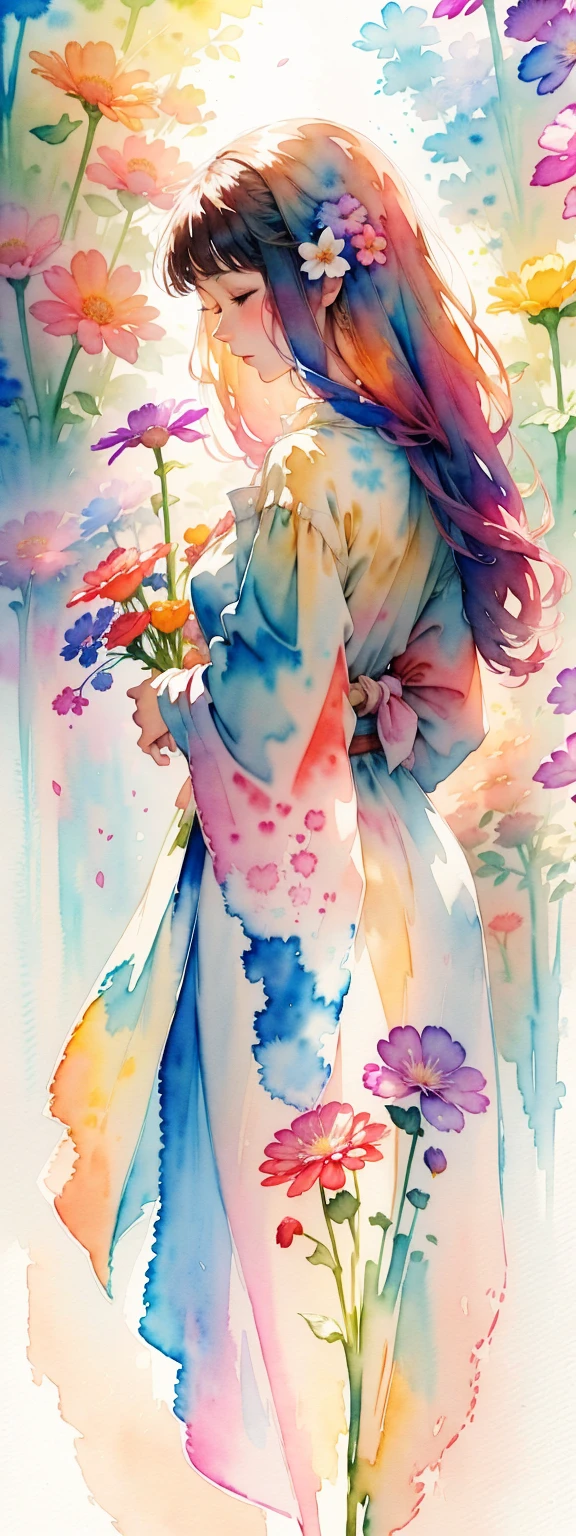 watercolor art, (watercolor painting: In this ethereal scenery, colorful flowers), Dreams and reality are intertwined. The air is filled with the intoxicating fragrance of flowers, Exquisite perfume symphony. Flowers seem to release the soul, Their essence blends with the fragrant breeze that caresses the skin.