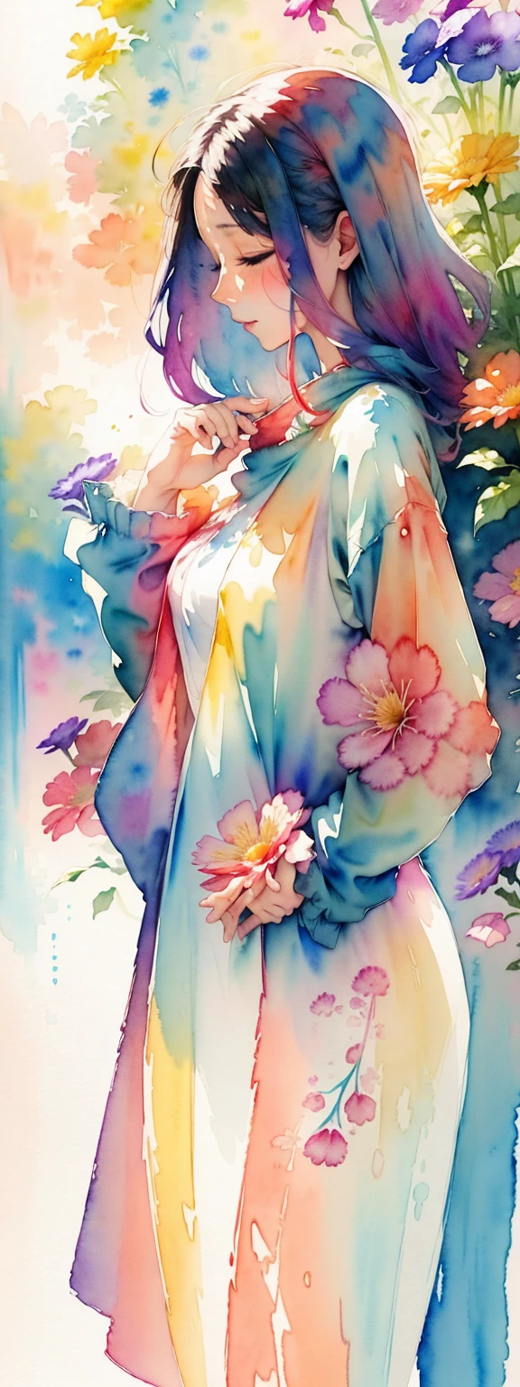 watercolor art, (watercolor painting: In this ethereal scenery, colorful flowers), Dreams and reality are intertwined. The air is filled with the intoxicating fragrance of flowers, Exquisite perfume symphony. Flowers seem to release the soul, Their essence blends with the fragrant breeze that caresses the skin.