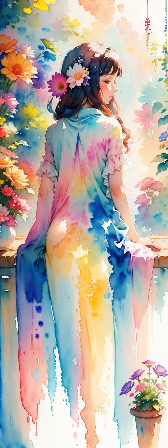 watercolor art, (watercolor painting: In this ethereal scenery, colorful flowers), Dreams and reality are intertwined. The air is filled with the intoxicating fragrance of flowers, Exquisite perfume symphony. Flowers seem to release the soul, Their essence blends with the fragrant breeze that caresses the skin.