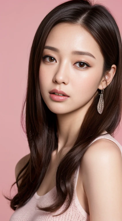 ((highest quality, 8k, masterpiece:1.3)), concentrate: 1.2、Adult female in her 20s、perfect body beauty: 1.4, buttocks: 1.2, layered haircut, Highly detailed face and skin texture, delicate eyes, double eyelid, whitened skin, long brown hair、slim、thin、model body shape、Super detailed、ultra high resolution、pure erotic face、slimな腹筋の美しさ、Beautiful actress's natural makeup、flushed cheeks、earrings、美しいthin眉毛、A face that feels with its mouth half open、Stunning full body shot from below、look at the viewer with a fascinated expression、pink background、dynamic lighting