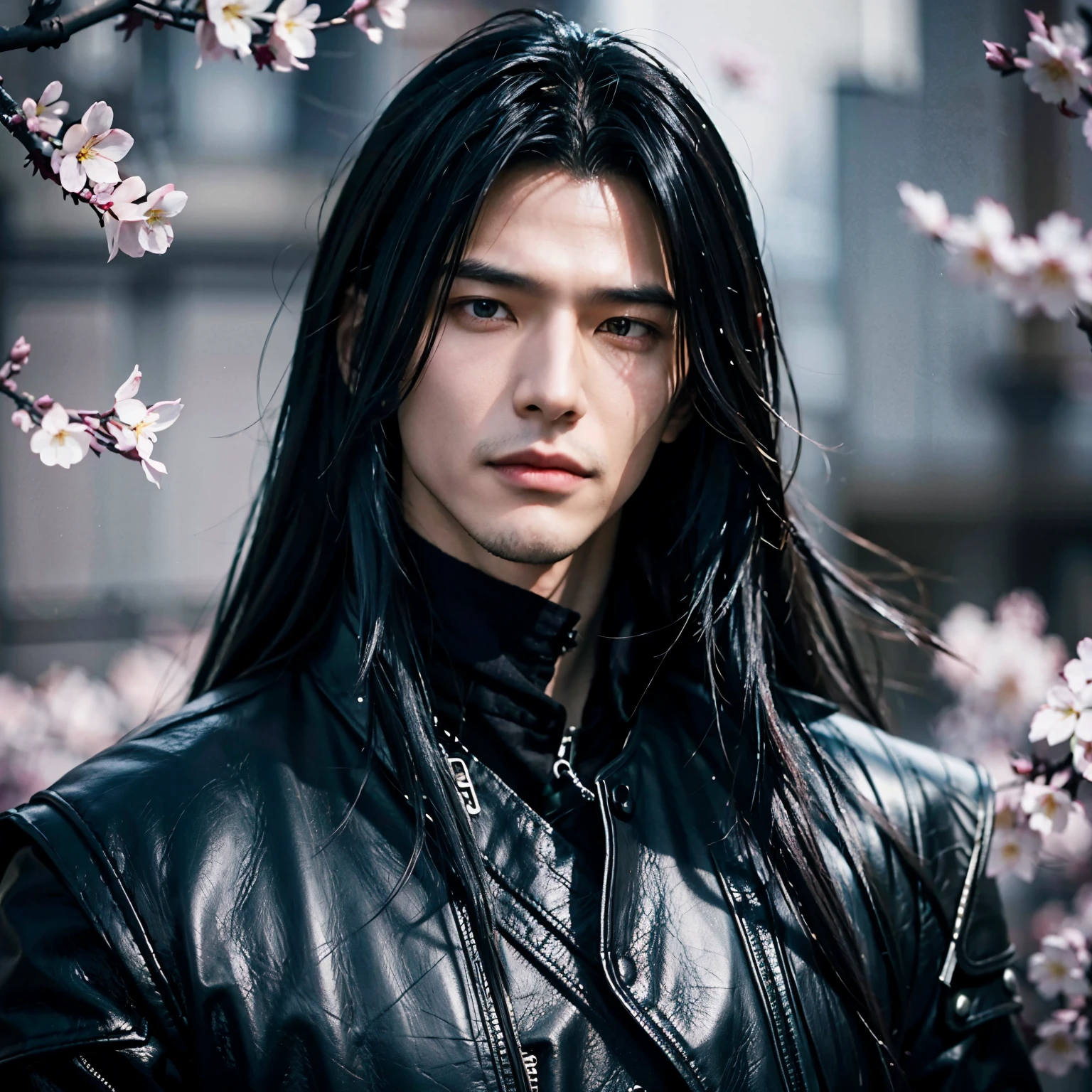 eine Nahaufnahme einem Mann mit langen Haaren und einer schwarzen Jacke, Sephiroth, mit seinen langen schwarzen Haaren, aus Final Fantasy VII,  a photo of Sephiroth,  Sephiroth from final fantasy, sebastian michaelis,  Hyperrealistisch  Ultra detailliertes Gesicht, masculine, Asiatisches Gesicht, japanese Face, cherry blossoms in the background, japanese Face, masculine 