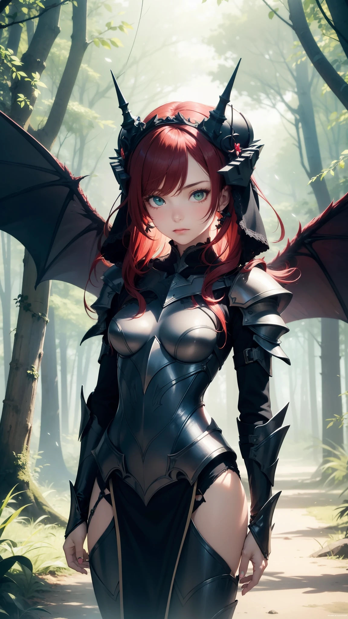 Masterpiece, 1girl, (daemon-like girl), girl with dark skin tone, red hair and Green eyes and 2 small horns, detailed face, detailed hair, detailed eyes, detailed costume, full body, Lady knight and princes, light armor, fantasy, closed mouth, action pose, detailed, enchanted dark forest, (dark fairytale), unconditional love, emotional