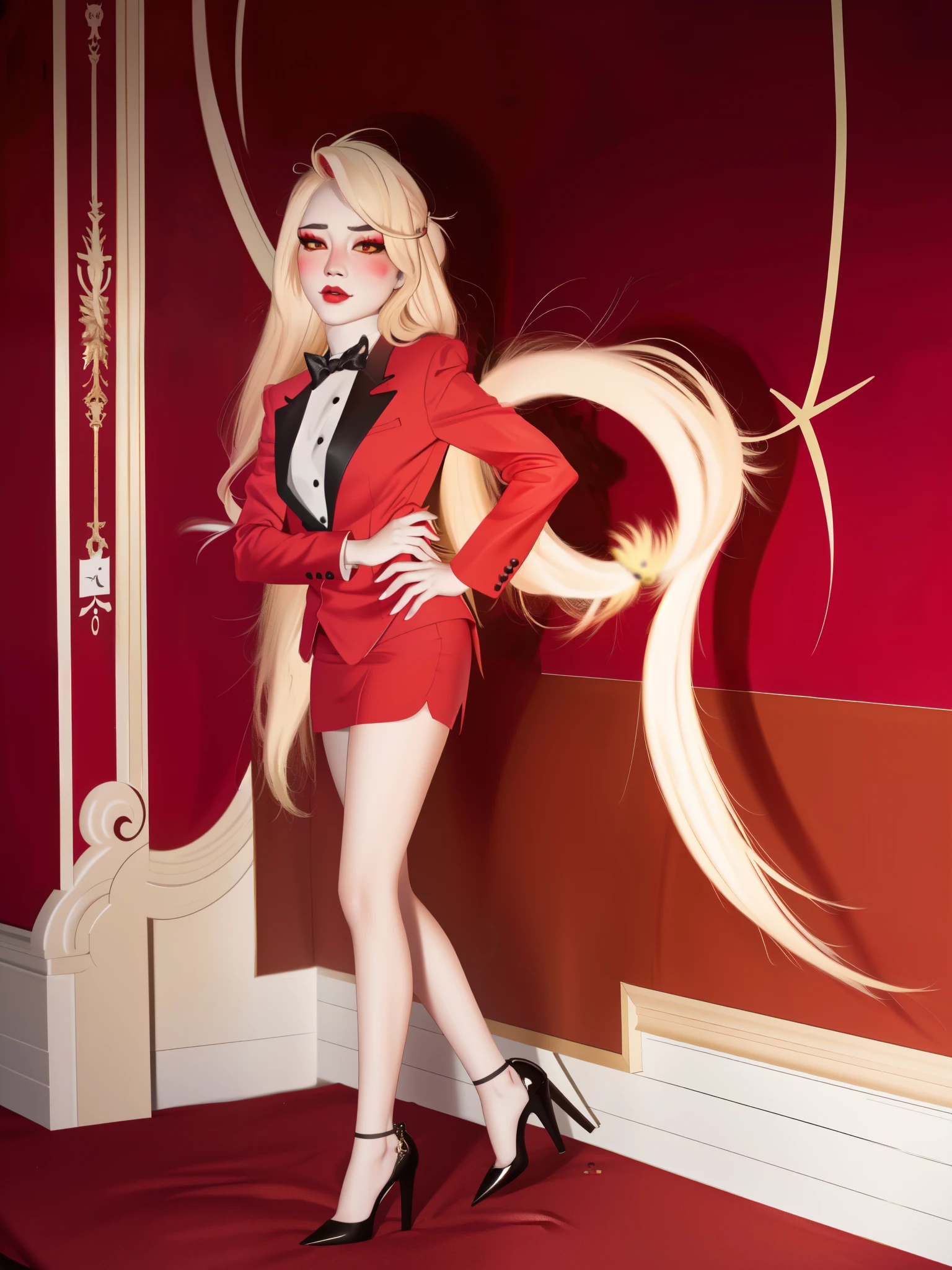 hazbin hotel, Charlie Morningstar; hazbin hotel, Uploaded to e621.net; (Pixelsketcher), (wamudrawasterpiece)), ((solo portrait)), ((front view)), full body view, ((detailed fur)), ((detailed shading)), ((beautiful render art)), anthro; yellow fur, black nose, small brown eyebrows, smug, (blushing), makeup, eyeshadow, blonde hair, (bells in hair), topknot, fluffy tail, (high heels), (red ribbon), skirt suit, suit and tie, ((three-piece suit)), necktie, waistcoat, blazer, bodycon miniskirt, standing, confident stance, hand on hip,