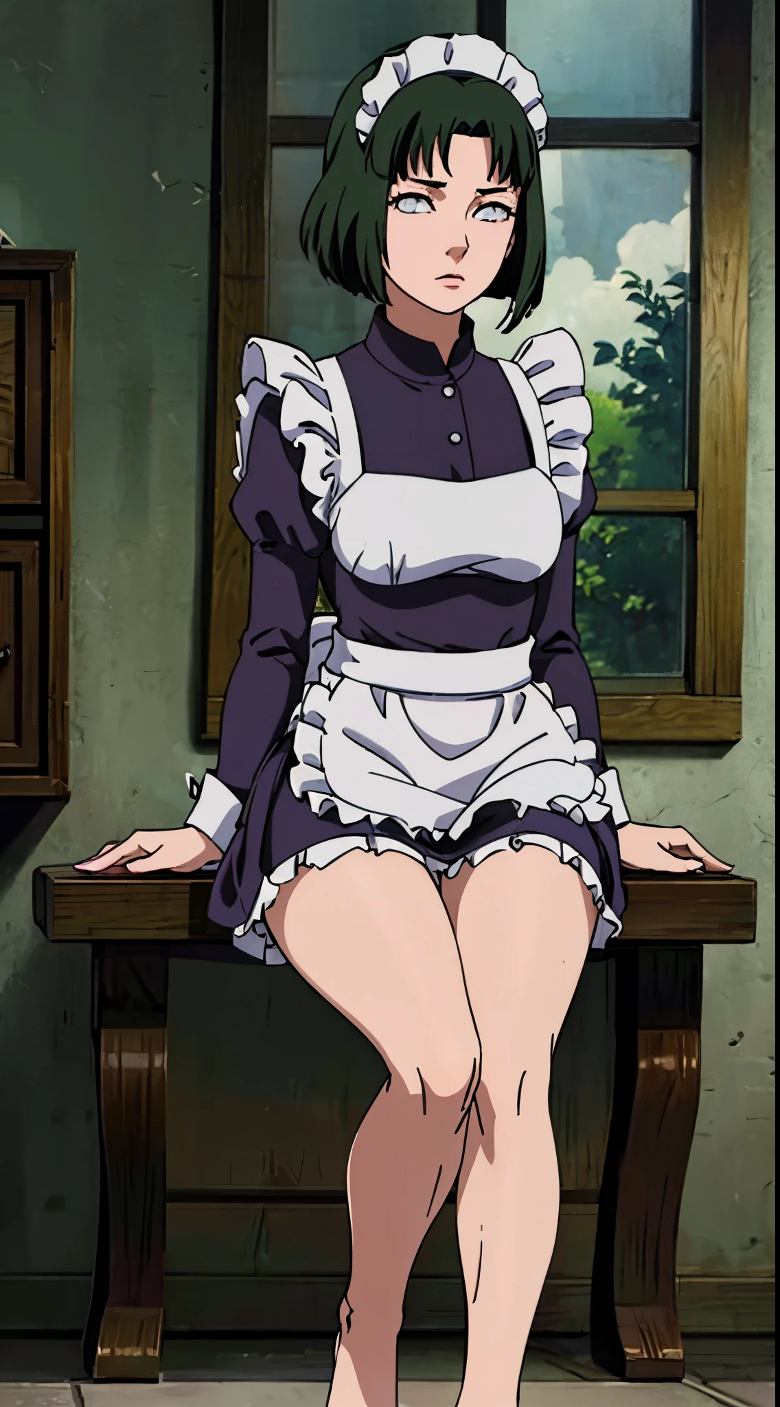 Pixel, Natsu Hyuga, green hair, (Masterpiece:1.2), bright skin、low angles、(Thin leg、bare thighs, beauty of feet)、(top quality、in 8K、32K、Masterpiece、nffsw、Super high resolution、Impressionism、Photorealistic:1.2)、dark hair、frosted glass、backs、turned around、Slim woman、((Maid costumes、white maid apron、frilled skirt、((Ultra mini skirt))