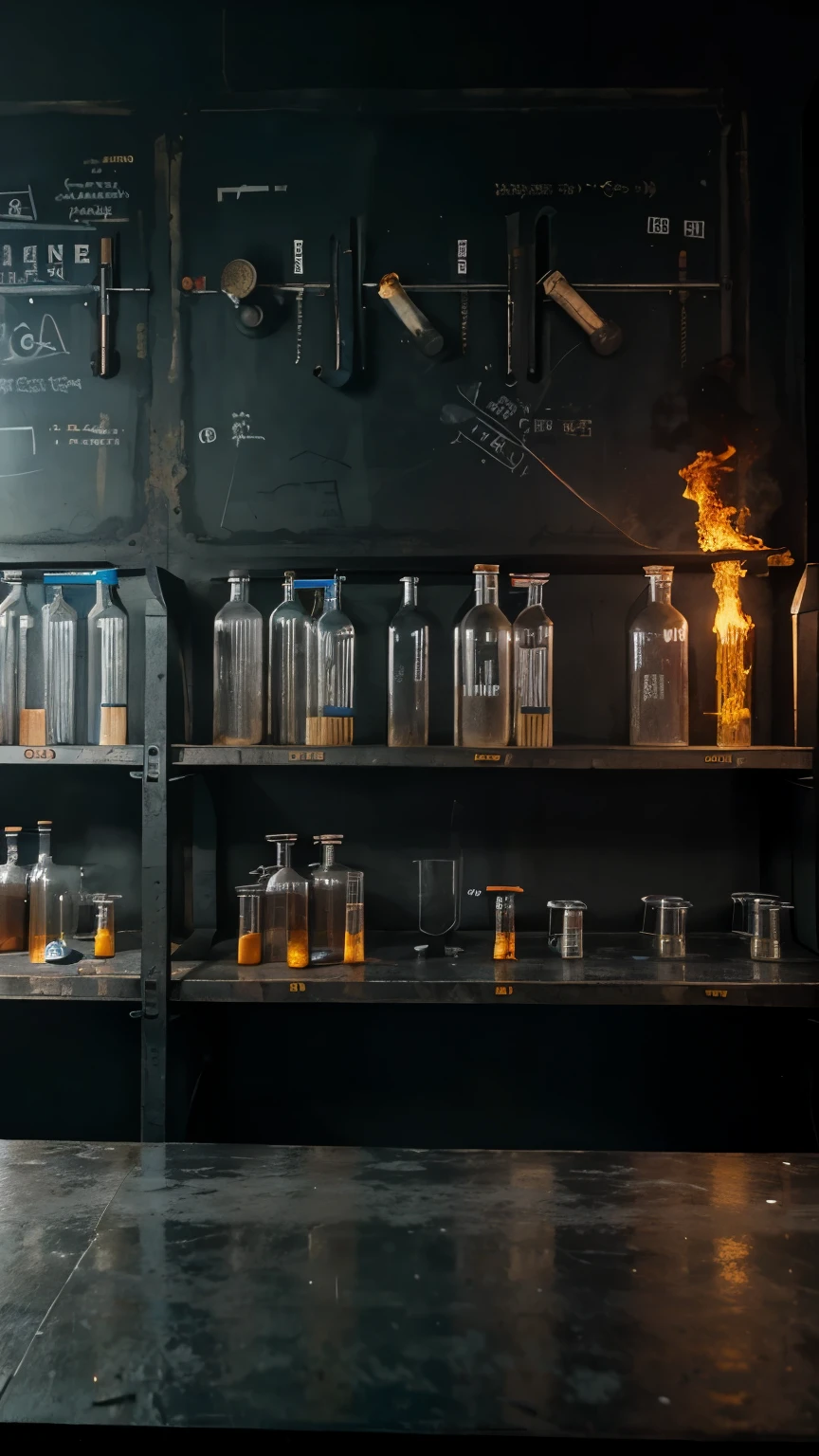 Industrial Chemistry Laboratory with test tubes, Charcoal, combustibles, petroleum, morteros, y matraces. Estilo foto real. Colorido. Predominancia de azules y celestes. Blackboard occupying the upper half of the image.
