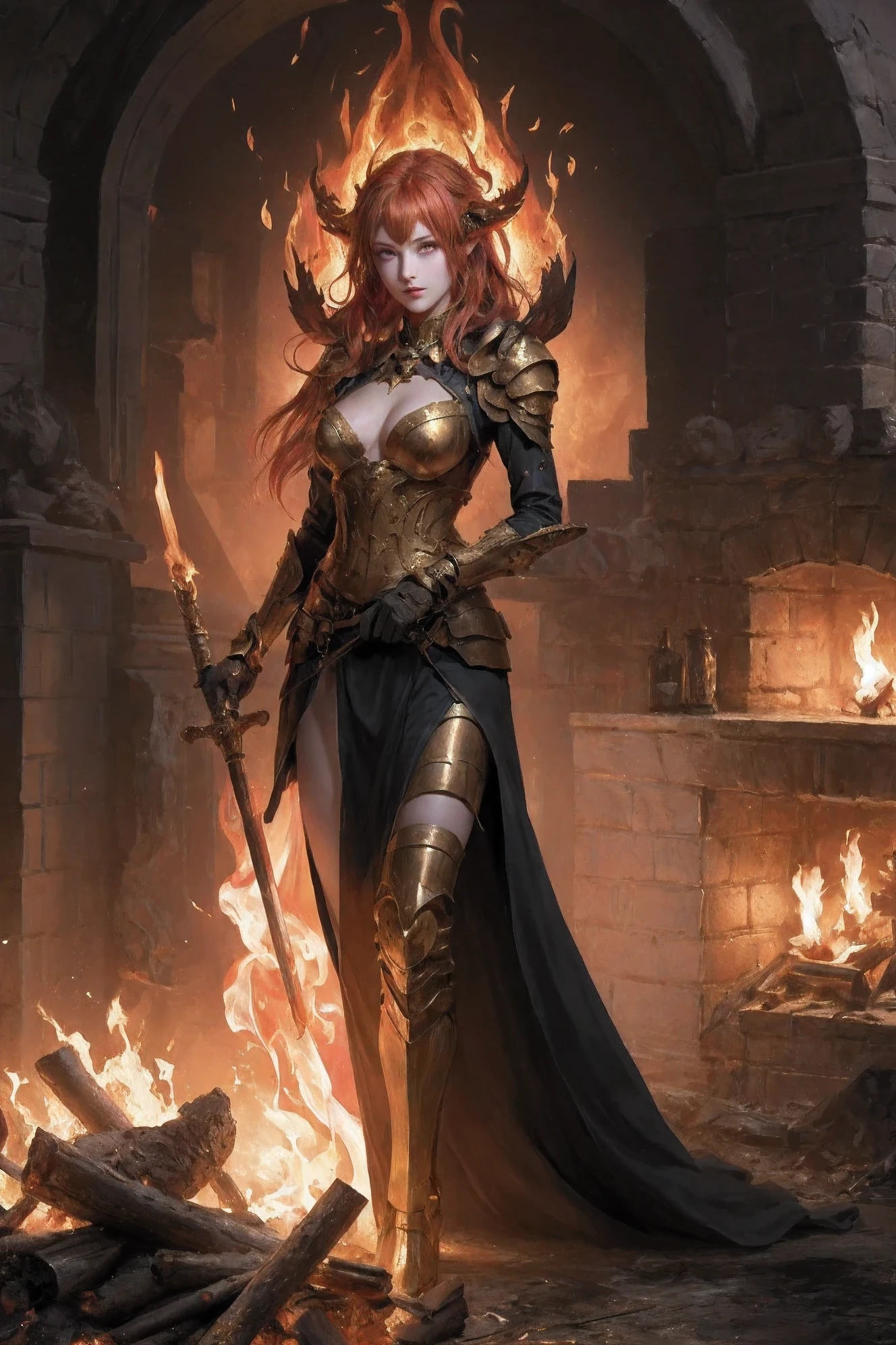 1 girl,arch,armor,autumn,breast,breathing fire,combustion,campfire,Candle,Candlelight,ember,explode,fire热的头发,fire,fireplace,fire焰,fire焰剑,flaming arms,handguard,long hair,looking at the audience,magic,medium breast,molten rock,pointed ears,thermal power,smokes,alone,fire花,Permanently installed,tail-tip fire,fire炬,arms,