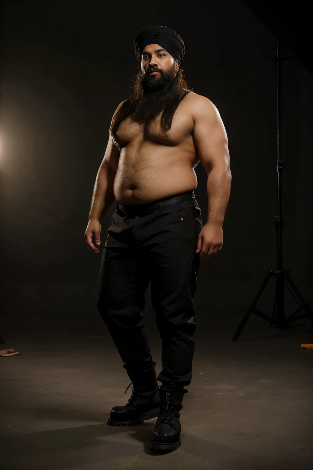 A fat sikh man wearing black work boots, portraiture, detailed beard, traditional turban, confident expression, strong physique, standing tall, studio lighting, high-res image, professional photography, sharp focus, realistic detailing,
