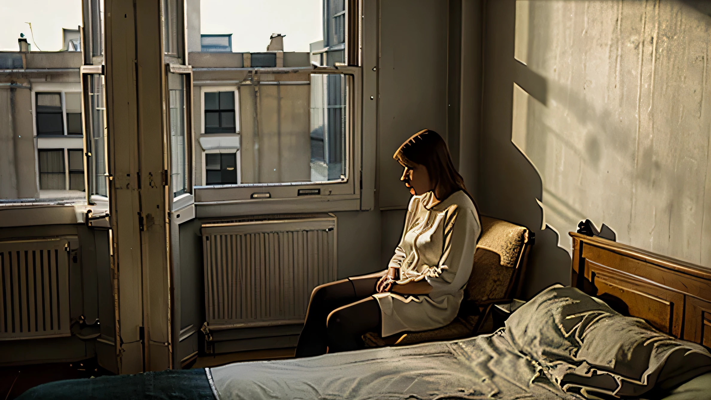  edward hopper style, sad and lonley woman, sitting on bed and looking out window of very old apartment, background is very old buildings,