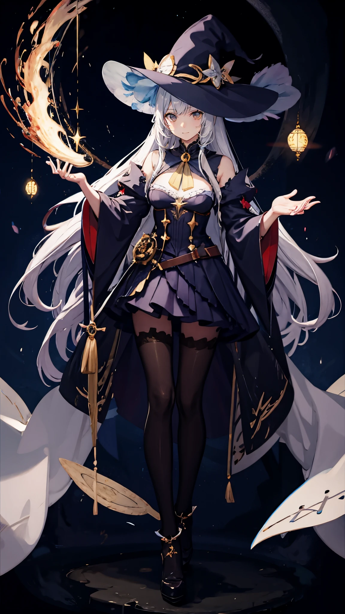 ((magic使いの女の子:1.5)), Full body shot，perfect face, beautiful face, highly detailed face，(blue long hair_yellow eyes:1.3)，(witch hat:1.3)，Witch's broom，magicの杖，book of magic，night sky，たくさんのstar，shine，Light，smile，magic，Sparkling，月Light，starの粒，star々，moonlight，流れstar