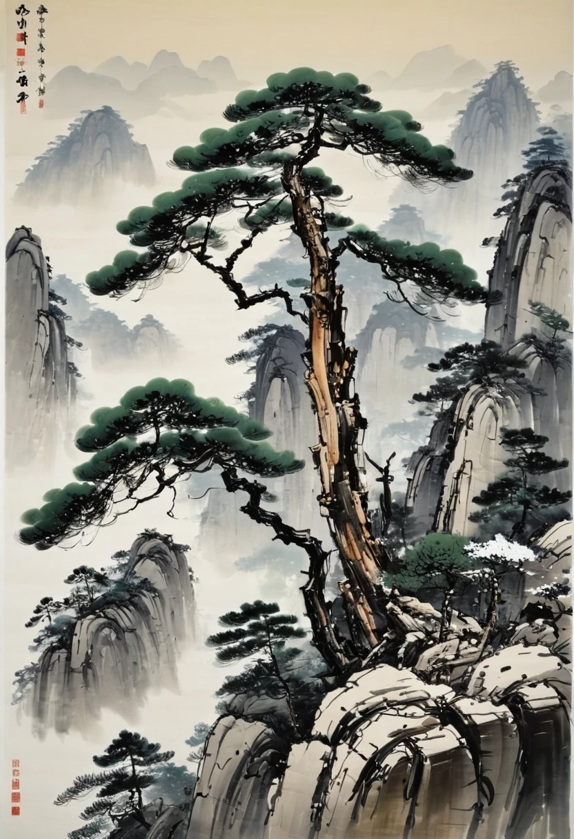 by Wu Guanzhong, Mount Huangshan, pine trees, (best quality, perfect masterpiece, Representative work, official art, Professional, high details, Ultra intricate detailed:1.3)