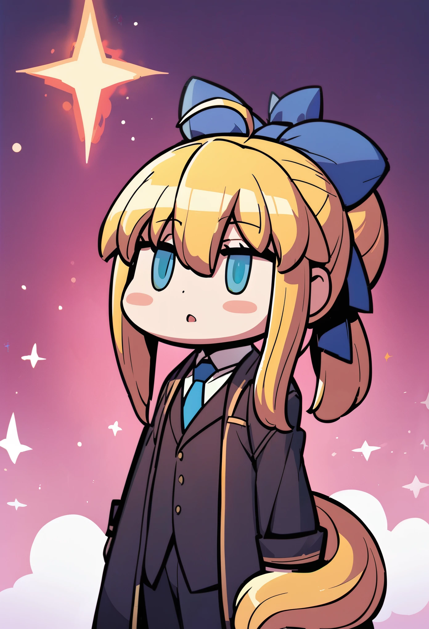 Chibi ,Saber , artoria pendragon (fate) , black suit , horsetail , Fate/Zero ,{{{riyo_(lyomsnpmp)}}}, best quality, amazing quality, very aesthetic, absurdres